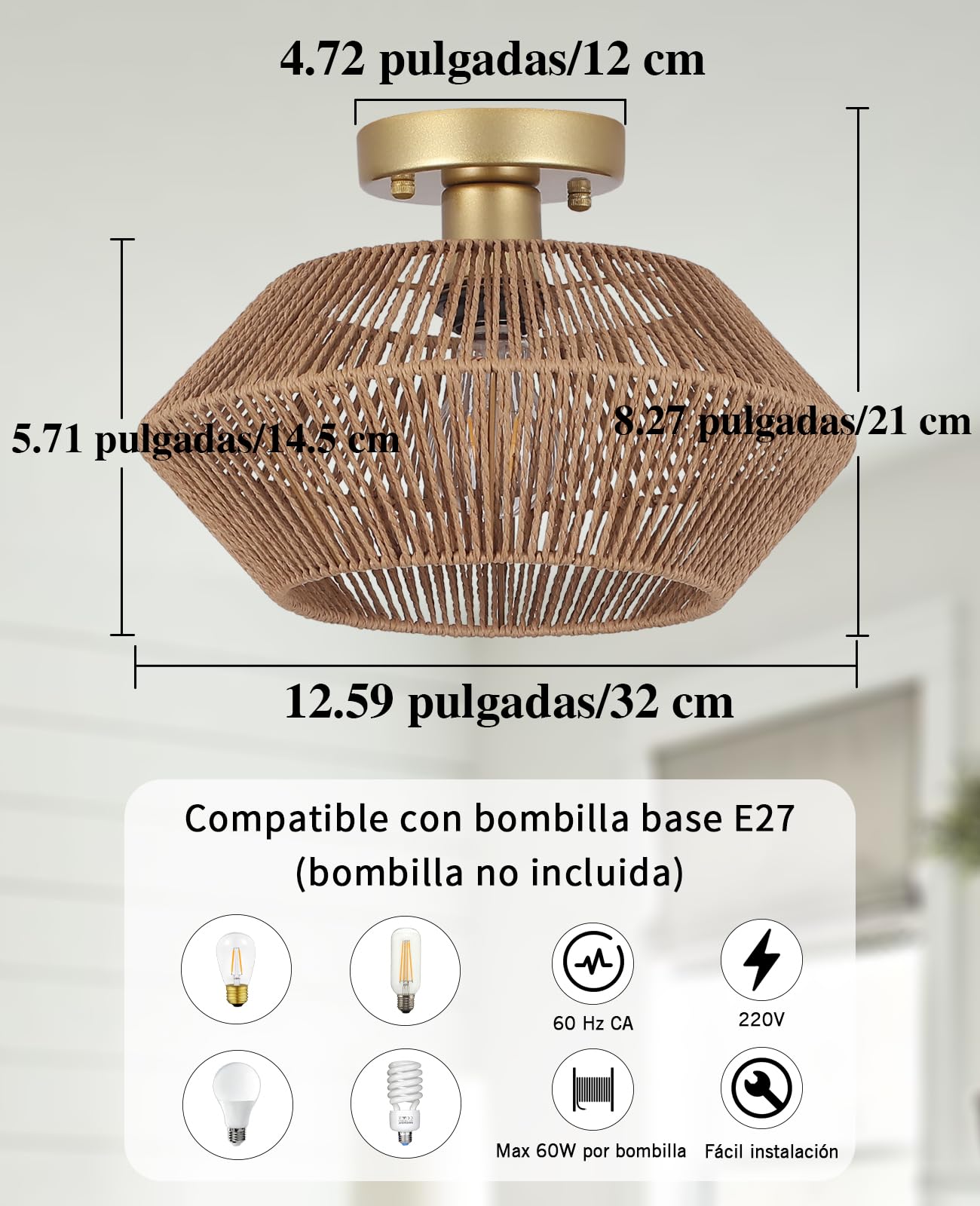 LáMparas De Techo Ratán Bohemio Para Sala De Estar, 1 LáMpara De ArañA Mimbre Para Dormitorio, Cocina, Comedor, Pasillo, Iluminación De Techo De Ratán Dorado, Sin Bombilla E27