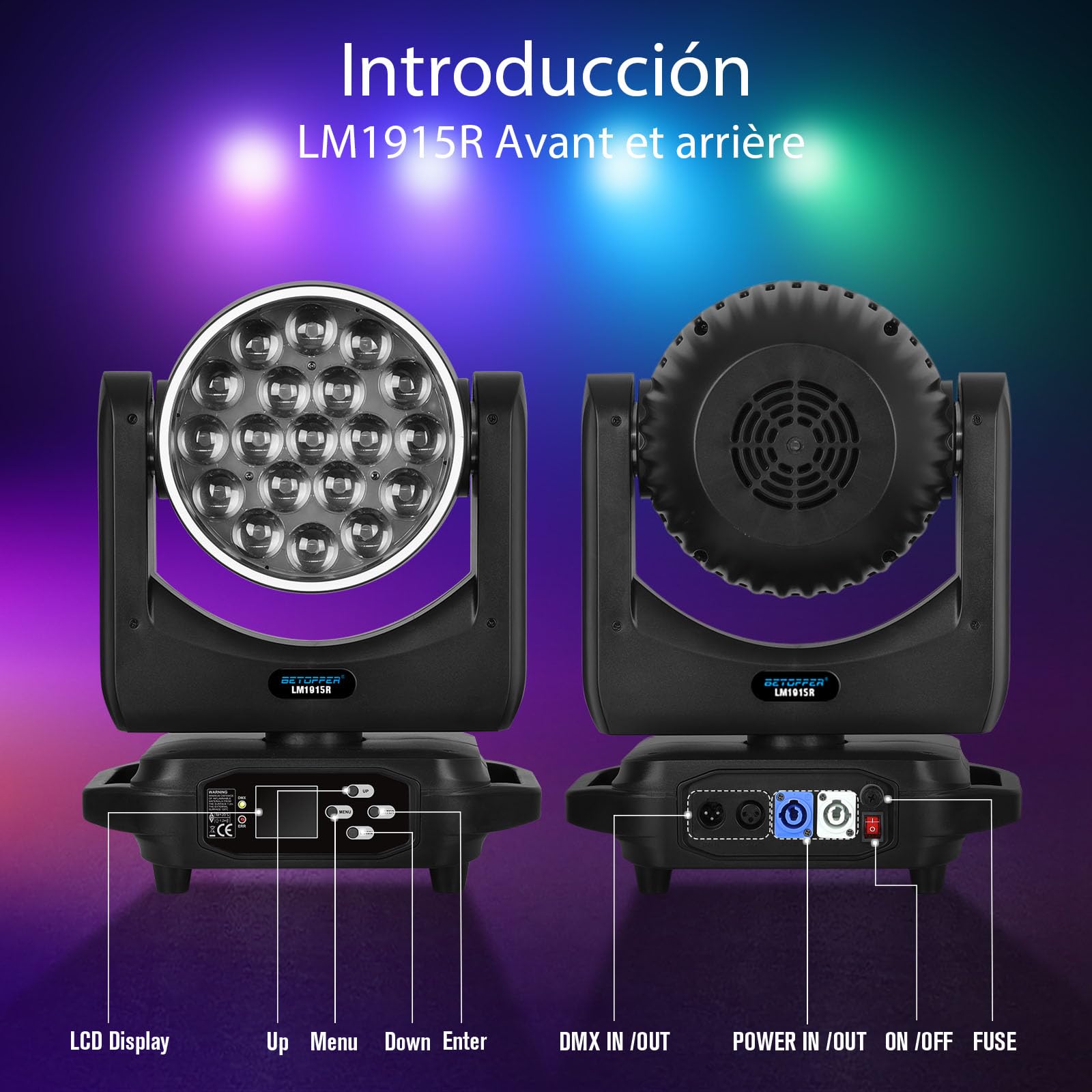 BETOPPER Lumière de Scène Lyre LED Moving Head Lampe 19x15W RGBW DMX 4 en 1 Éclairage de Scène Projecteur DJ avec Effets de Bande Lumineuse, Mariages, Fêtes, Clubs (Onesize)