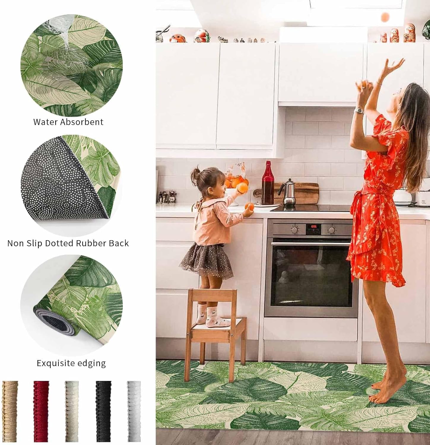 2 Pieces Kitchen Rugs and Mats,Watercolor Green Palm Leaf Area Runner Rug Set Non Slip Floor Doormat Washable Carpet Standing Mat for Kitchen Sink Indoor Corridor,Summer Tropical Plant Landscape