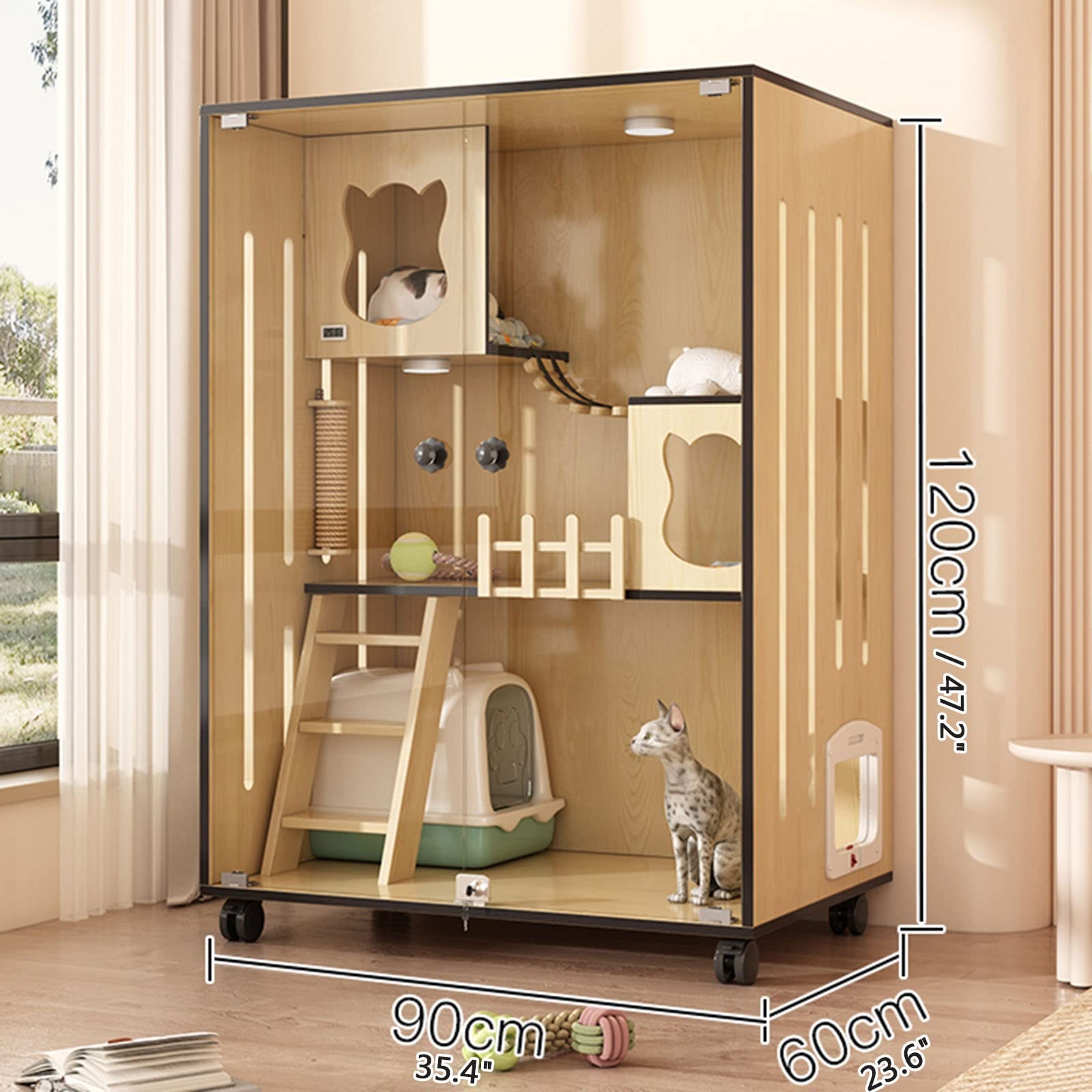 Recinzione per gatti in legno, grande, per interni ed esterni, con porte di fuga e rotelle, gabbia per gatti chiusa multi-funzione, per casa o negozio di animali domestici