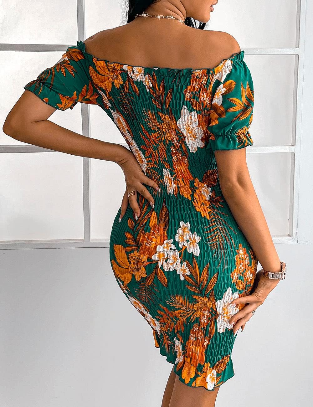 PRETTYGARDEN Women's Summer Off Shoulder Bodycon Dresses Short Sleeve Drawstring Sexy Mini Party Club Smocked Dress - (color: Dark Green, size: Large)