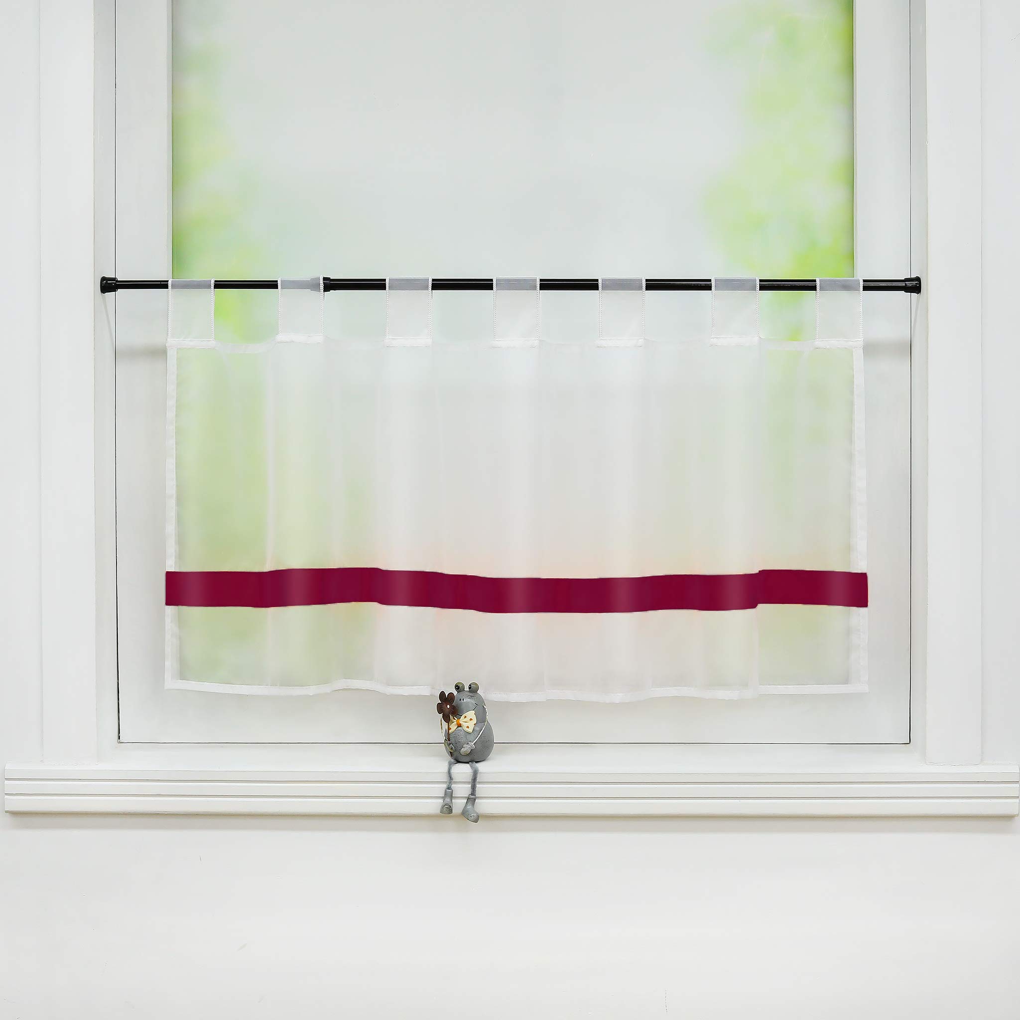 Joyswahl Julie Net Curtain Voile Bistro Curtains with Satin Ribbon, Loops Kitchen Short Curtain H x W 45 x 120 cm Wine Red Pack of 1