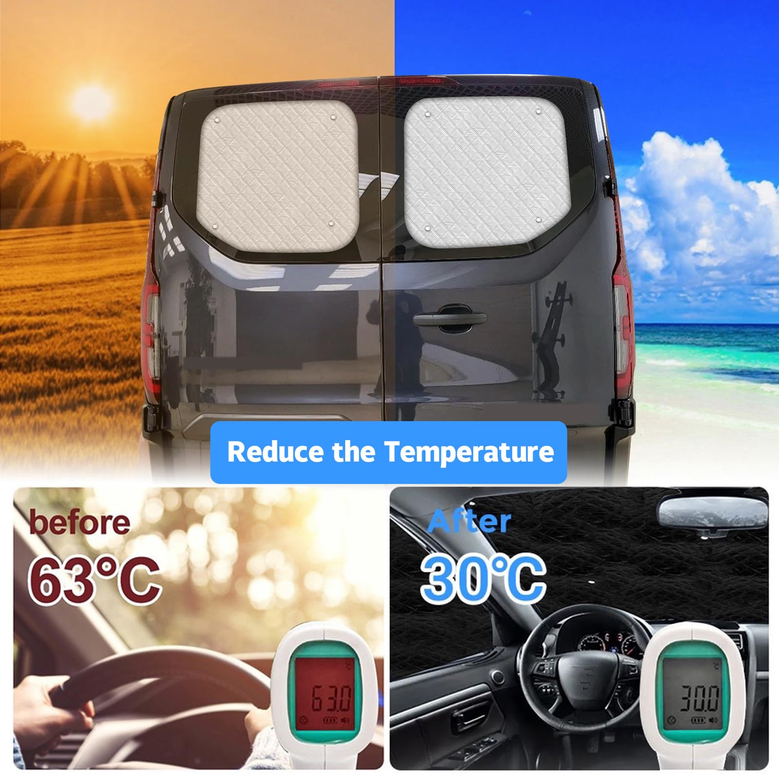 Pare-Soleil pour Pare-Brise Compatible avec Ford Transit Custom 2012-2025, Pare-Soleil de Lunette Arrière à Double Porte