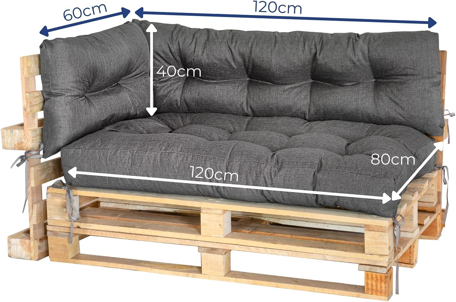 MKS Cuscino pallet Set di 3 impermeabile 120x80 120x40 60x40 cm con cinghie