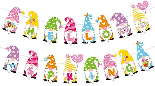 JKQ Pancarta de gnomos de Hello Spring Flowers Spring Flowers Butterfly Tulip Daisy Gnomo Garland Banner Colorido Spring Gnomos Decoraciones