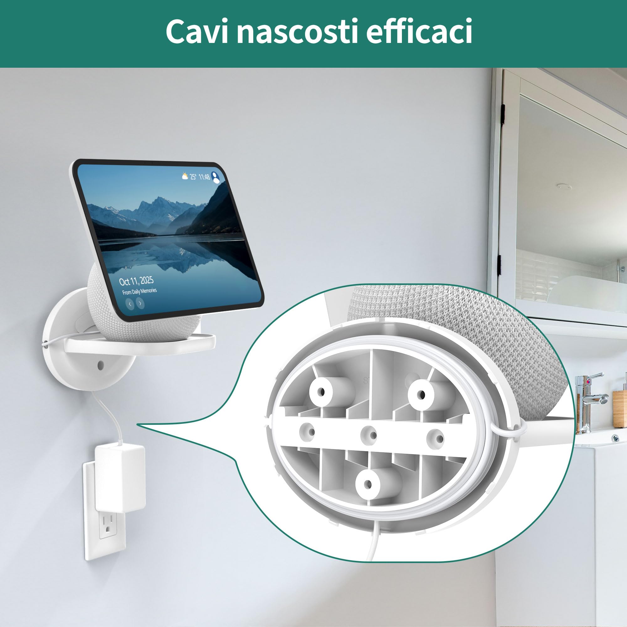 HomeMount Supporto da Parete per Show 11 e Dot Max, Supporto Universale per HomePod Mini, Google Nest Mini, Nest Wi-Fi Point & Cam – Salvaspazio con Gestione Cavi Integrata (Bianco - 1P)