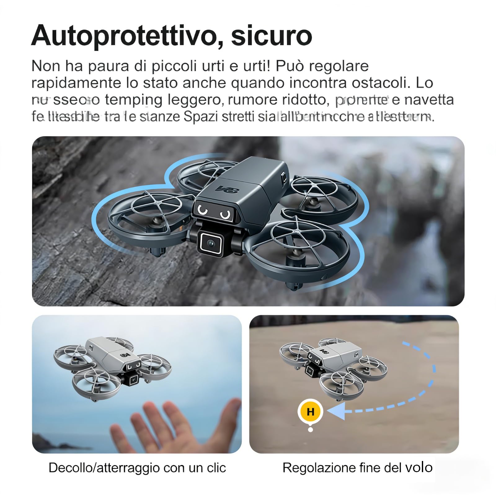 Mini RC Drohne mit Kamera, Propellerschutz, LED-Augenlichter, Hindernisvermeidung, optische Positionierung, 90° Kamera, Höhenhaltung, 360° Flip, Headless Mode, 2 Akkus, perfekt für Anfänger. (Weiß)