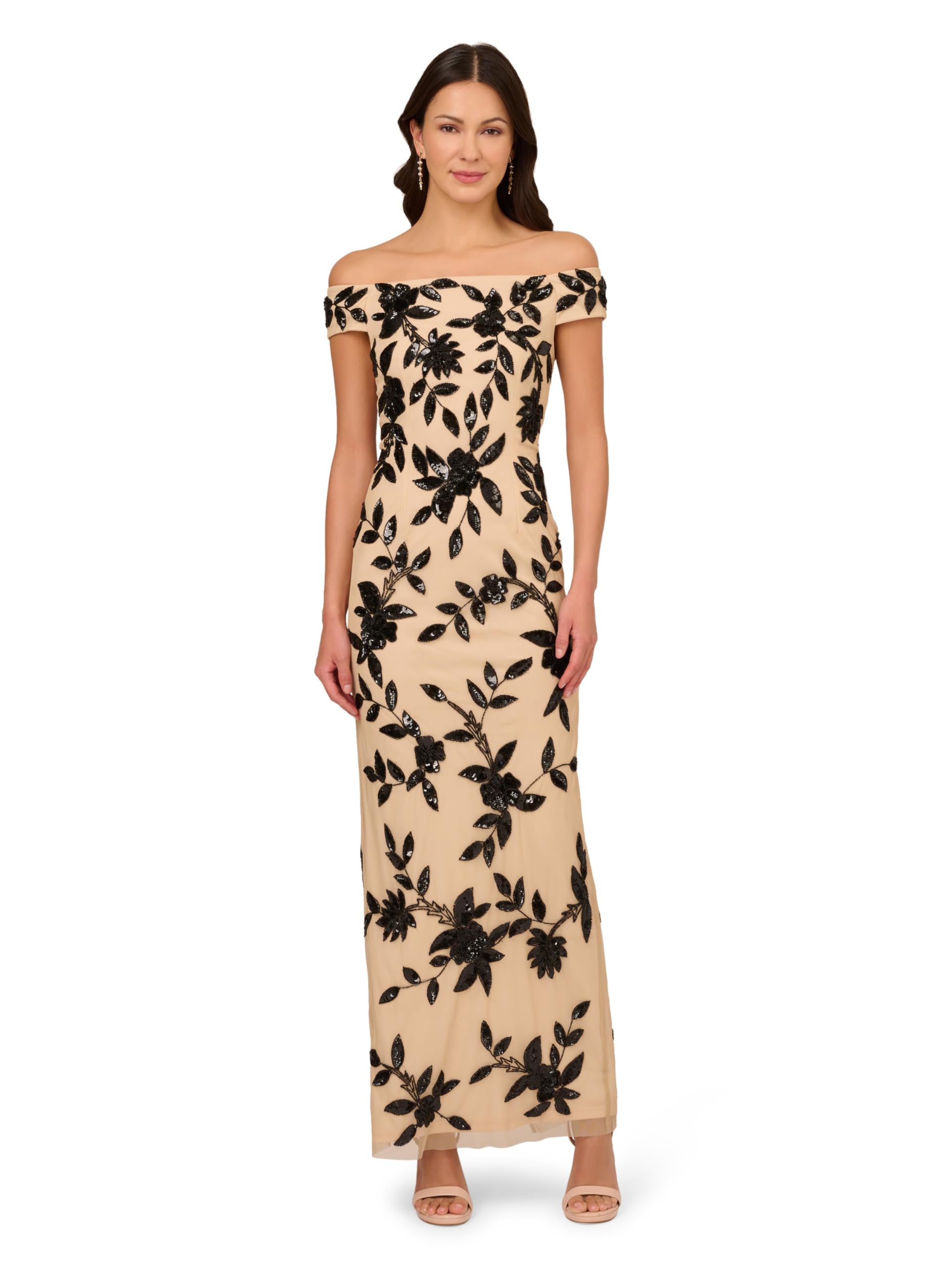 Adrianna Papell Evening Gown Adrianna Papell Women's Beaded Mesh Long  Evening Gown - Illusion Neckline, 3/4 Sleeves 3d Floral Dress For Women