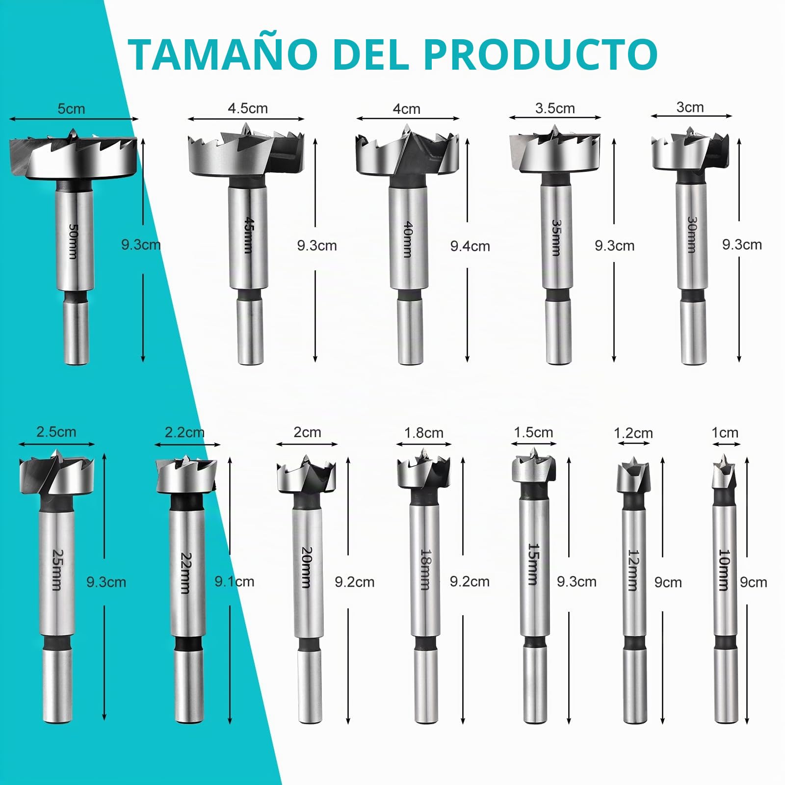 HSEAMALL Juego de brocas Forstner, 12 unidades, 10 – 50 mm, para madera, brocas perforadas, juego de brocas para madera