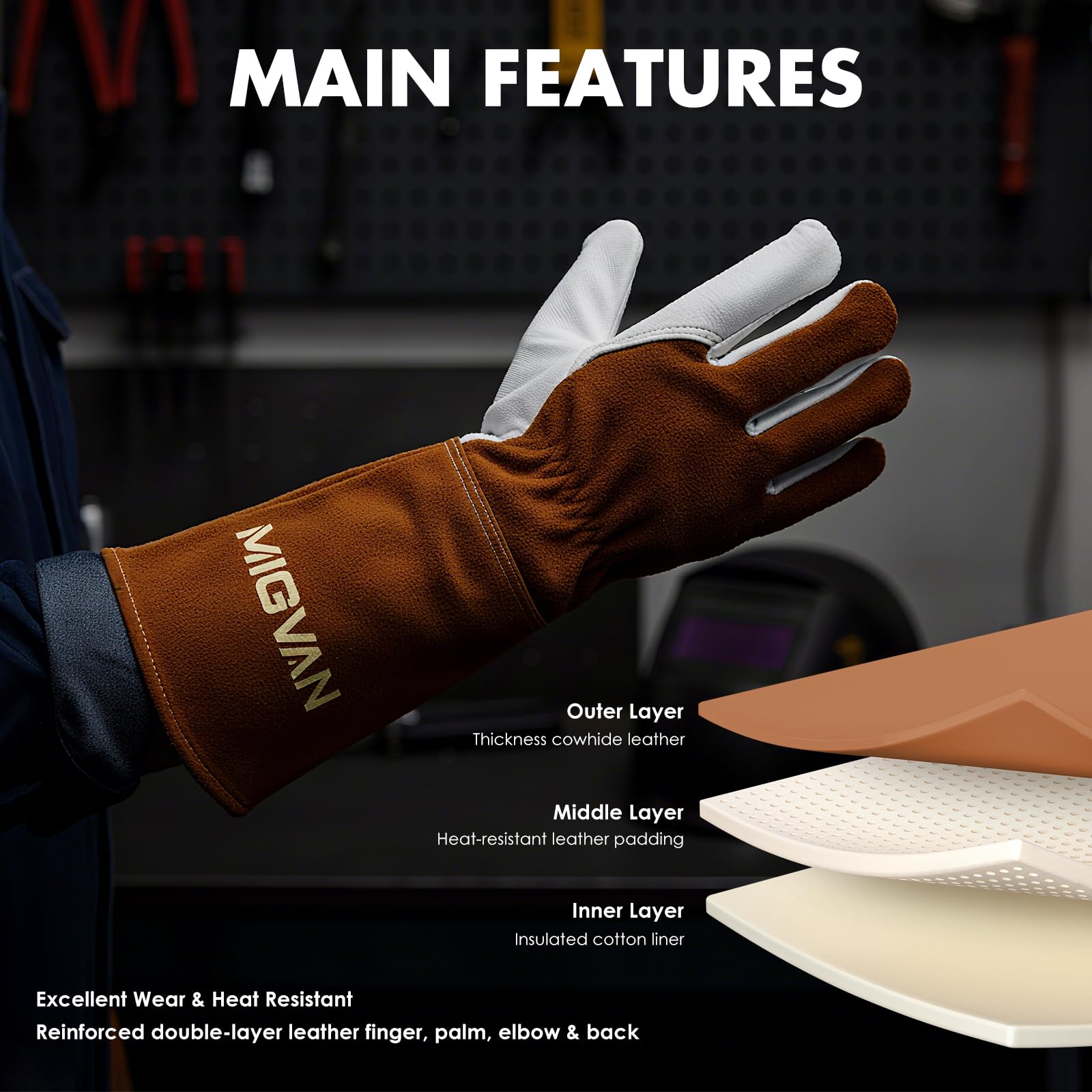 Guantes de soldadura de cuero vacuno – Guantes largos ignífugos para soldadura MIG/TIG, barbacoa, chimenea, horno y cocina – Resistentes al calor, unisex, talla M