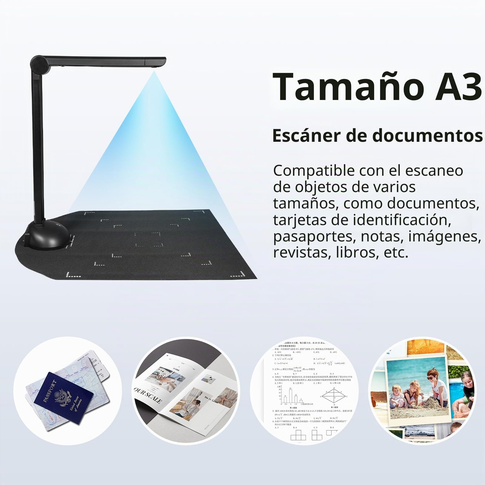 Escáner de libros con cámara de documentos A3 A4 con luz de relleno LED HD 16 Mega-píxeles Soporte de escaneo de alta velocidad Software OCR multilingüe Puerto USB compatible con
