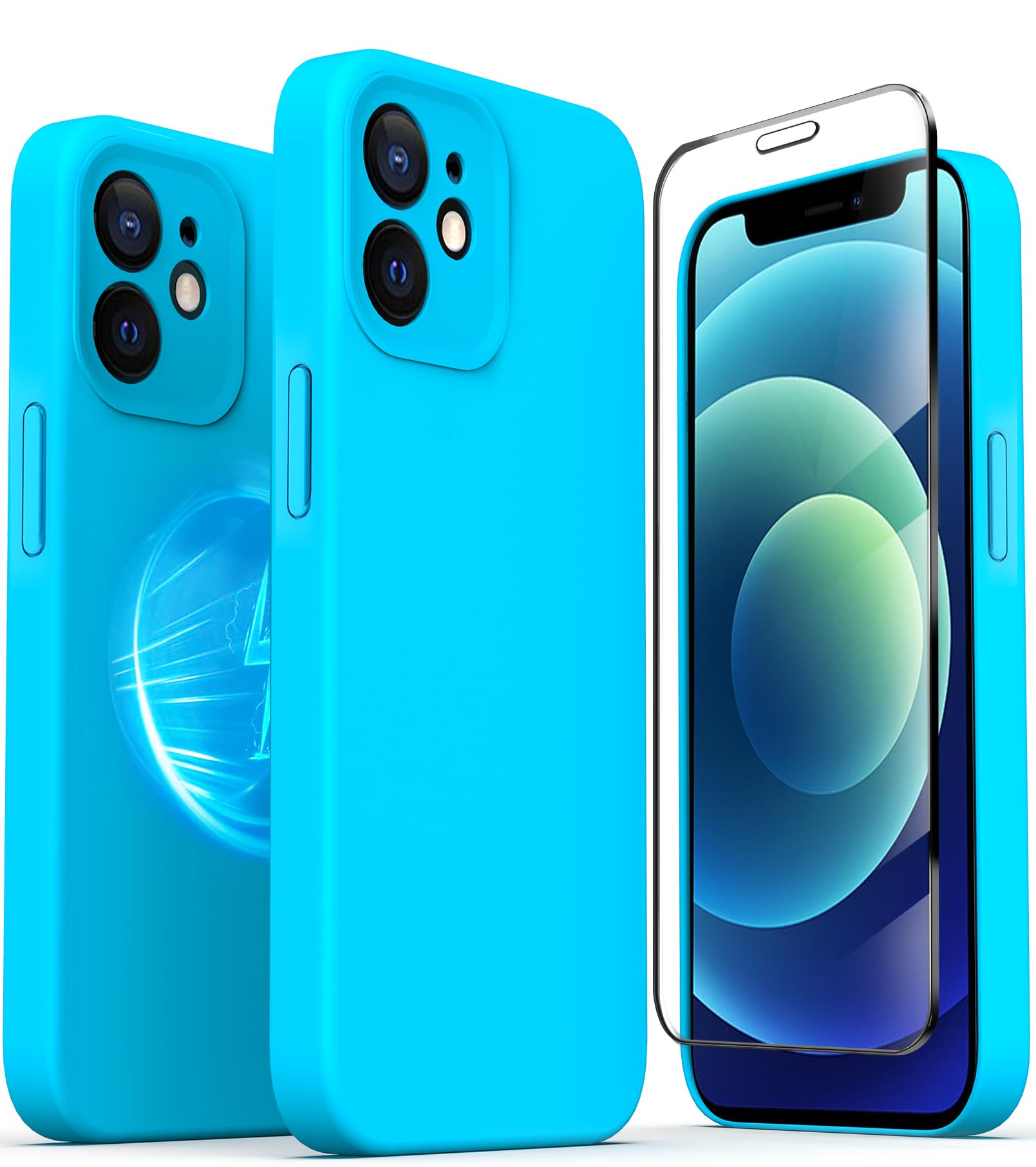 TZGZT Camera Protection for iPhone 12 Phone Case, [fits MagSafe Accessories] Magnetic Protective Cover with 2X Screen Protector, Women Case for iPhone 12, Silicone Blue#1