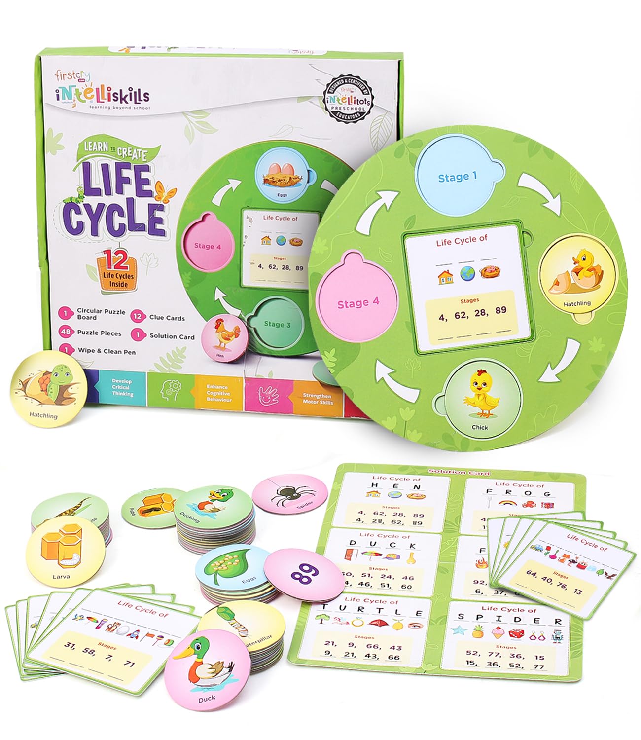 FIRSTCRY INTELLISKILLS Premium 63 Pcs Life Cycle Puzzle for Kids | Fun Way to Learn Life Cycle of 12 Birds, Insects & Animals | Preschool Educational Pick & Place Card Game for Boys & Girls | 3+ Years