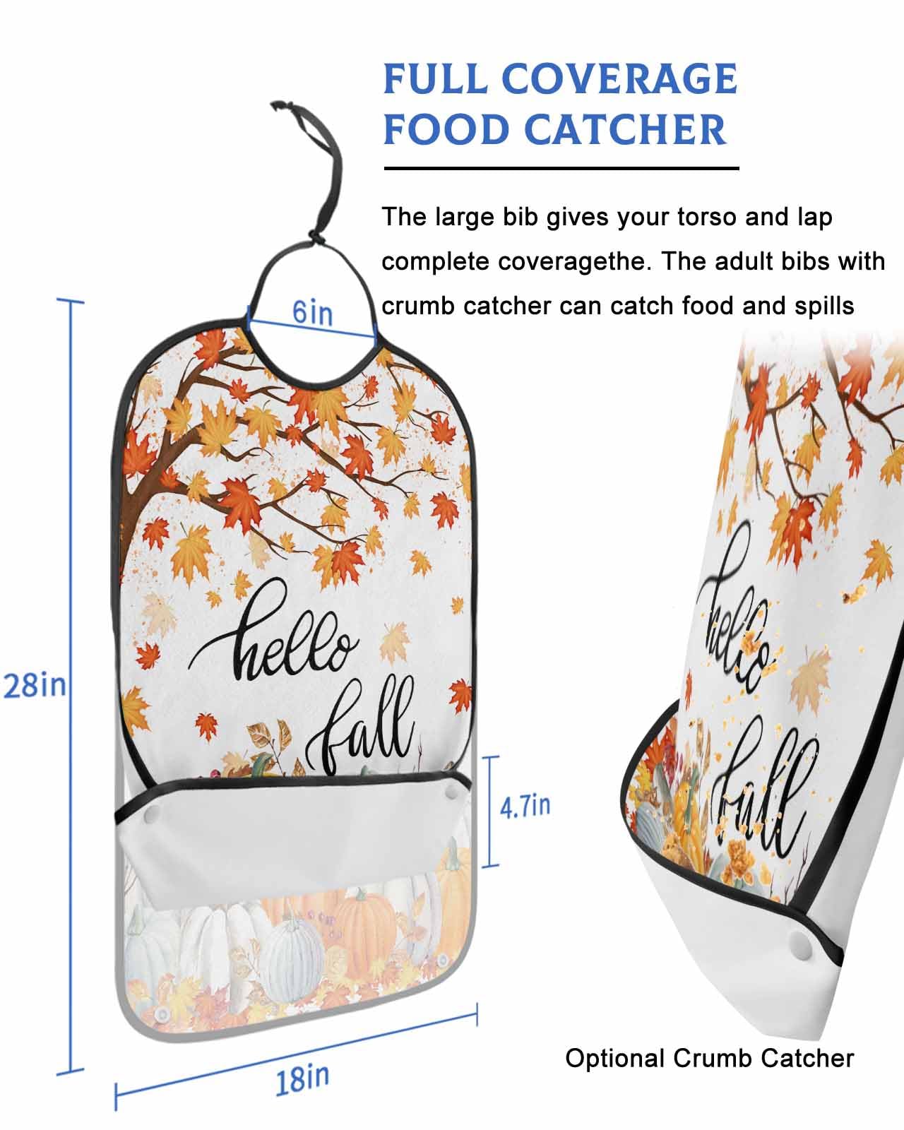LEOKOTI Hello Fall Adult Bibs for Eating, Waterproof Bibs with Food Catcher & Adjustable Snap Closure, Pumpkins Autumn Botanical Thanksgiving Washable Clothing Protectors Adult Bibs for Elderly