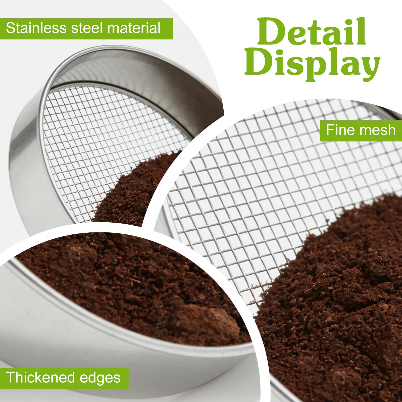 GOMETY Colino da giardino in acciaio inox 5 in 1, colino per compost rotondo, 20 cm, con 5 inserti intercambiabili Ø 3/6/9/10/12 mm, filtro per terra per compost di terra, con paletta da giardino e