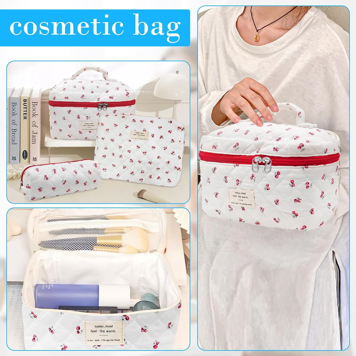 Quilted Makeup Bag, Large Capacity Travel Cosmetic Bag for Women and Girls, Aesthetic Storage for Daily and Travel Use - Image 5