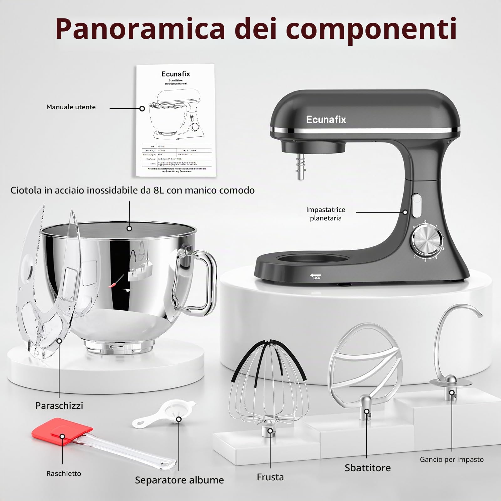 Impastatrice Planetaria offerta 2000W 8L Robot da Cucina | Professionale Multifunzione Mixer Cucina con Gancio per Impastare, Frusta Piatta, Frusta