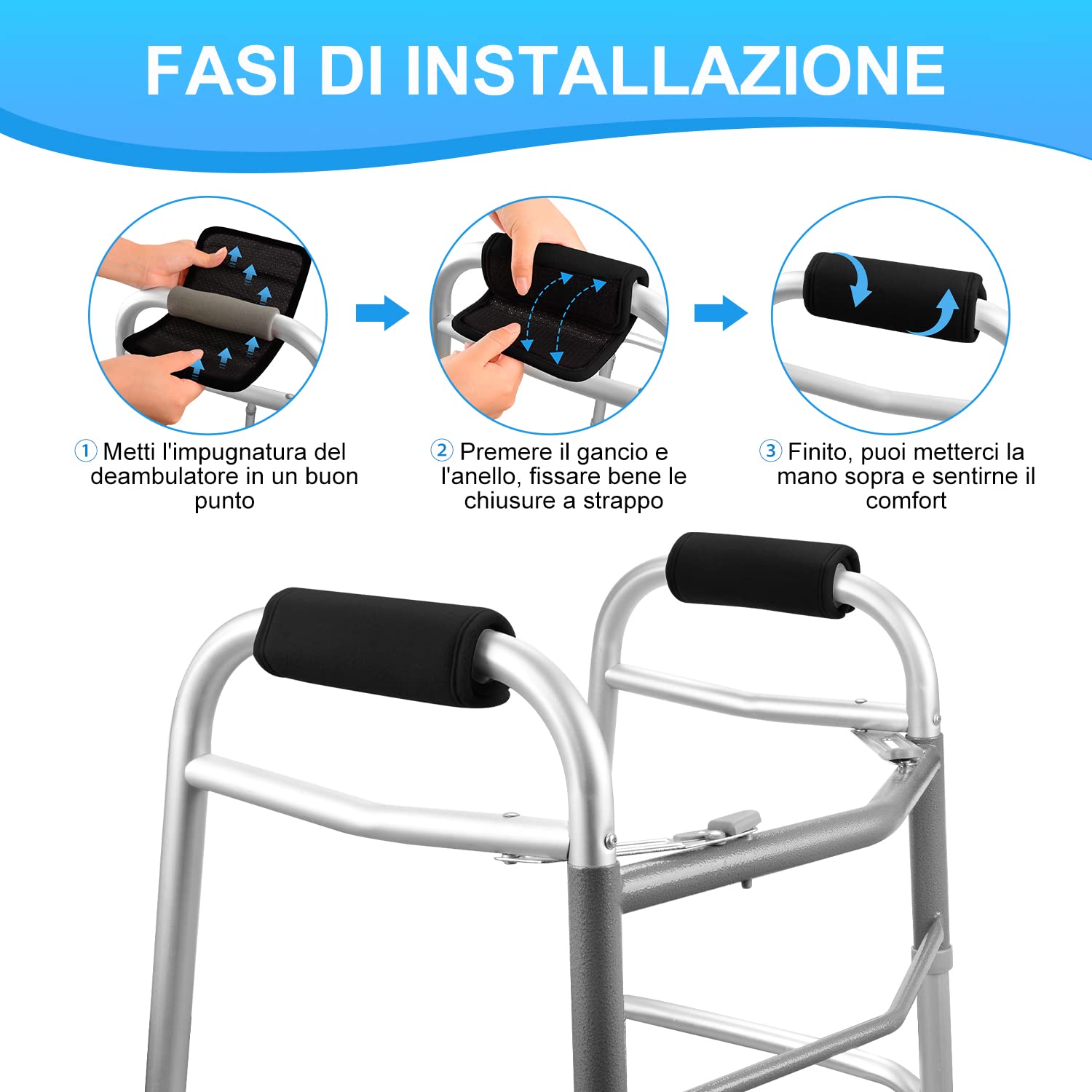 supregear Walker Impugnature Imbottite, 2 Confezioni Morbidi Comodi Cuscini Manopole Imbottite per Walker Stampella, Sedia a Rotelle, Accessorio per La Mobilità Traspirante Antiscivolo, Nero