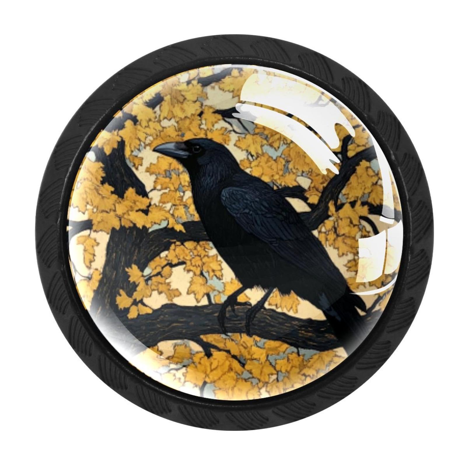 CHENZZZZ 4 Pack Cabinet Handles Black_Black Crow Sitting on Branch of Oak TRE (3) Cabinet Knobs Draw