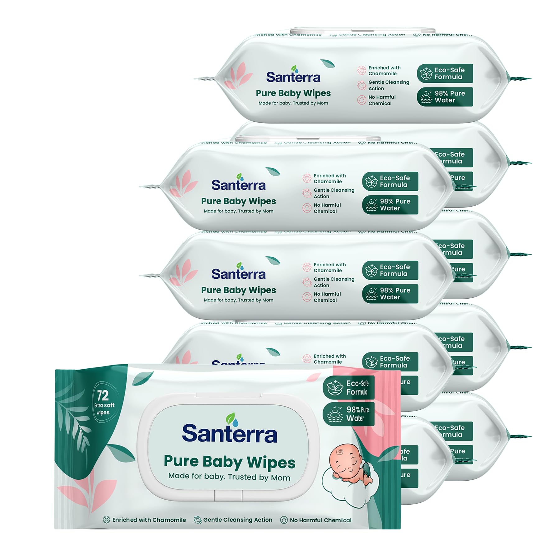 Pure & Ultra -Soft Baby Wipes Pack of 10 (720 Wipes) | Eco Safe formula, Extra Moisturiser, Tested by Mother's | Wipes with Chamomile, Aloe Vera & Vitamin-E |Dermatologically Tested with Alcohol-Free, Paraben-FreePure | Baby Wipes for Newborns & Infants-image-2