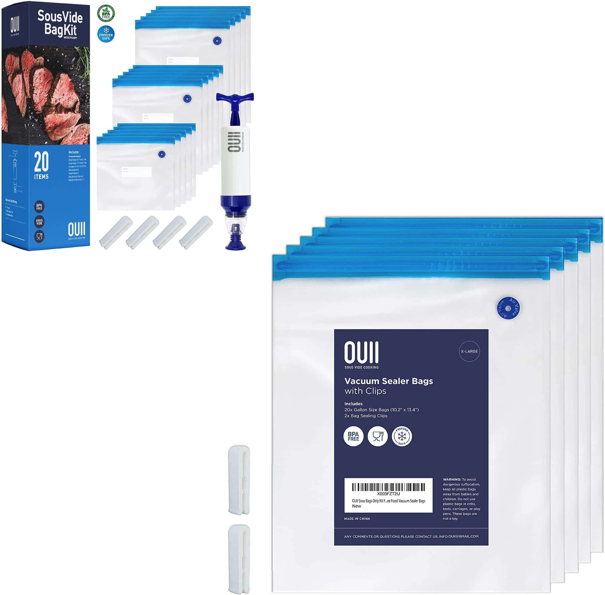 OUII Sous Vide Bags Kit Bundle - 42 Pieces Kit with Vacuum Sealer Bags, Hand Pump & Clips