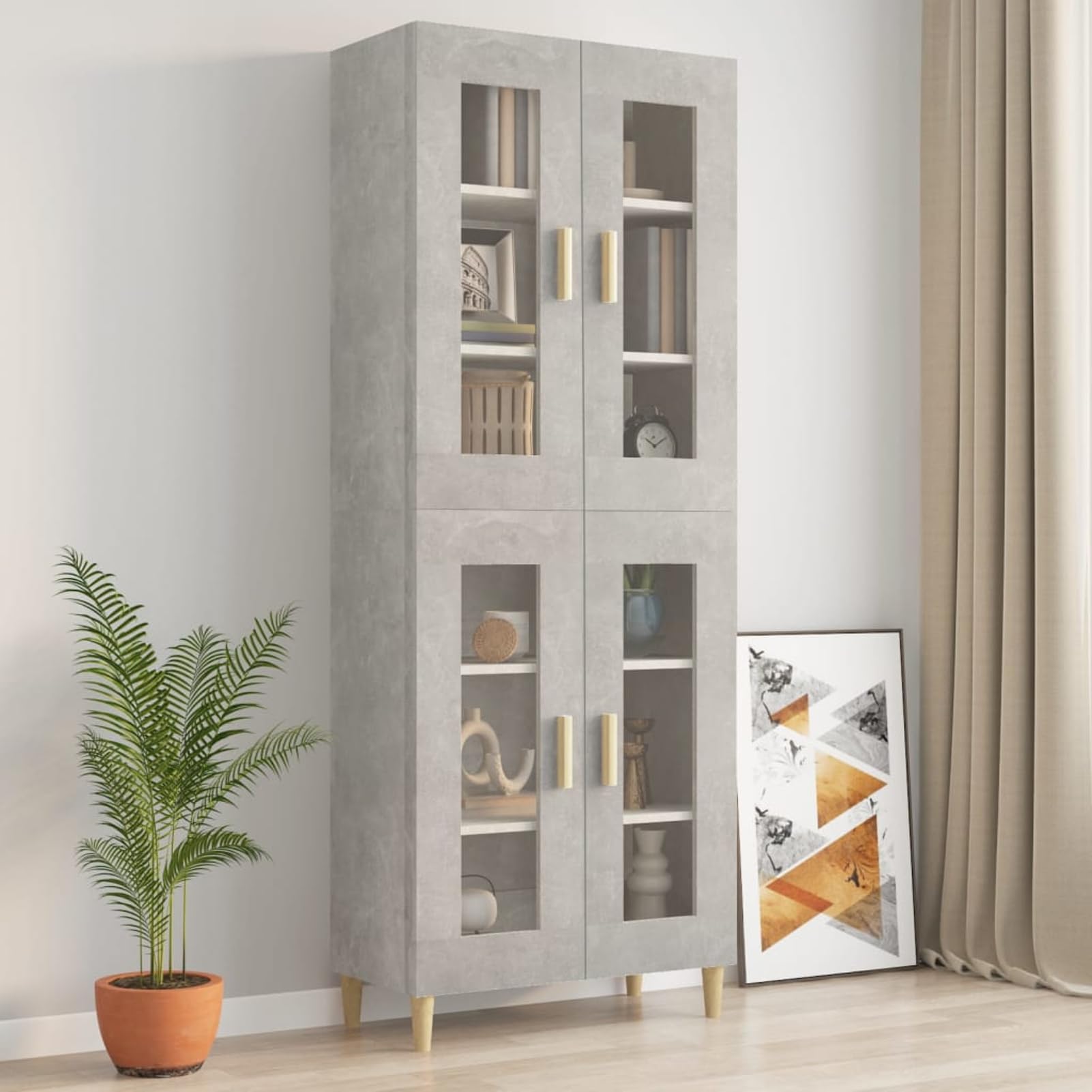 Hängeschrank 69,5x34x90 cm Betongrau – Holzwerkstoff/Glas, hohe Stabilität, Raumsparend, für Küchen- & Büroorganisation