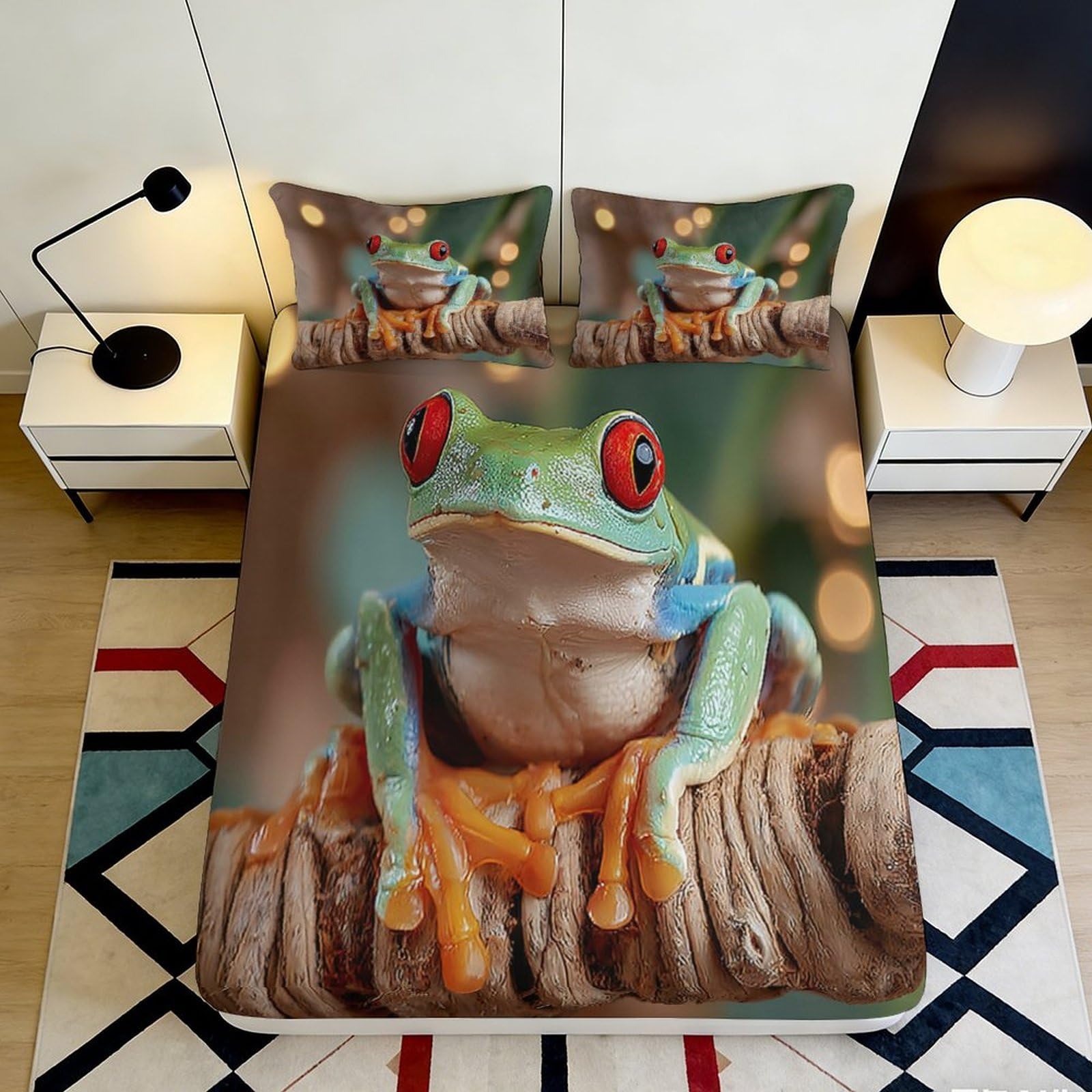 3D Printed Frog Pattern Fitted Sheet Microfiber Soft Breathable Red-Eyed Tree Frog Bed Cover for Bedroom Dormitory Guest Room Mattress Protection 160x200x25cm