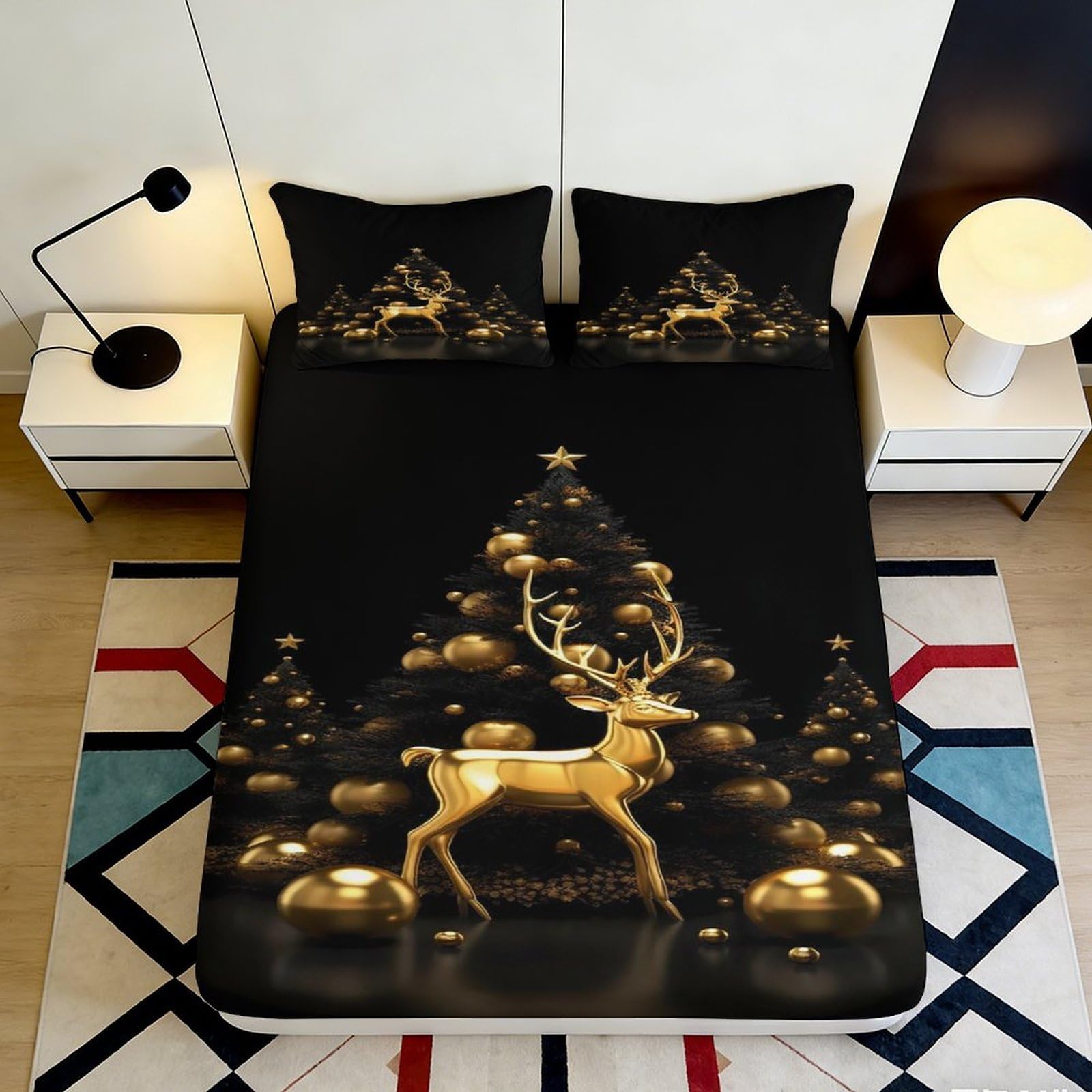 3D Printed Golden Deer Christmas Tree Fitted Sheet Microfiber Soft Bed Cover for Bedroom Guest Room Decor Anti-Dust 90x200x25cm