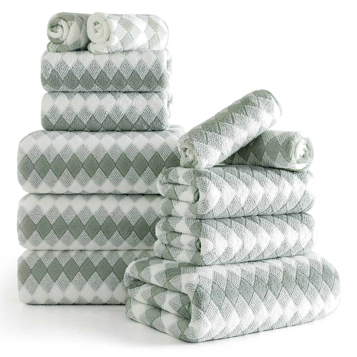 12 Pcs Green White Diamond Towel Set-4 Bath Towels 4 Hand Towels 4 Washcloths Soft Polyester Towels with