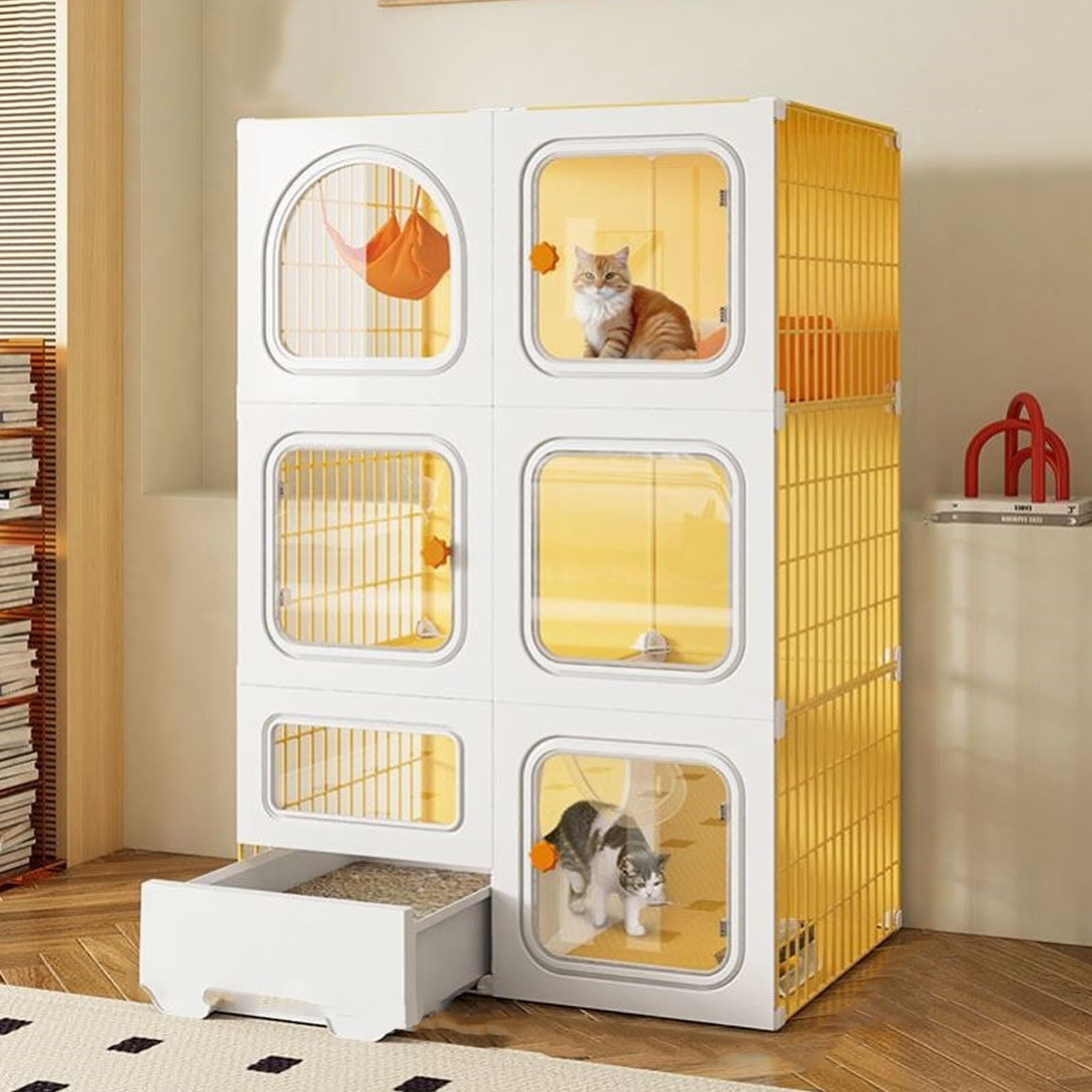 TRUNXUCL Cat Cages Indoor Large Cat Kennel with Cat Litter Box, Pet Playpen Diy Kennels Pet Playpen Crate Large Exercise Place, Collapsible Cat House for 1-3 Cat (Color : Yellow, Size : 70x35x105cm/