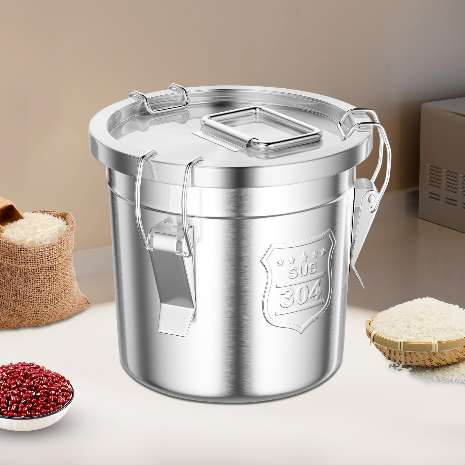 Contenitore ermetico in acciaio inox, da 6 l, ermetico, per alimenti, cucina, per cereali, contenitore ermetico con coperchio e morsetto di bloccaggio