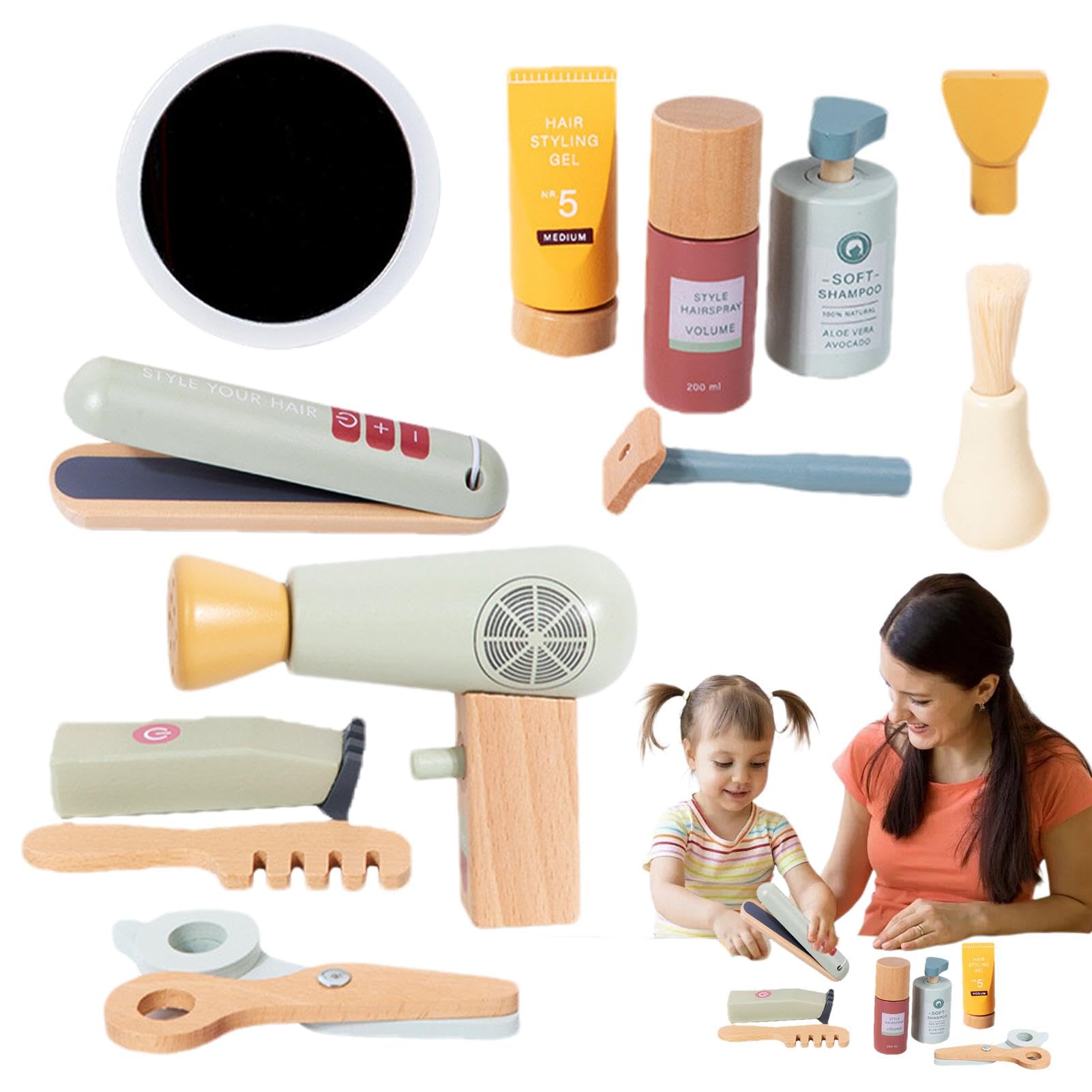 Yulokdwi Set de Peinado para niñas, Juego de salón de Belleza para niñas | Juego de peluquería de Madera | Juguete de salón de Belleza para niñas con secador de Pelo de simulación, Tijeras y