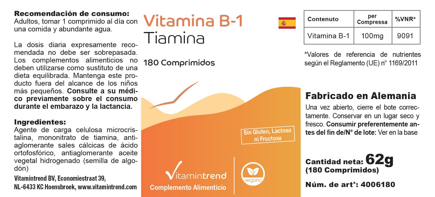 Vitamintrend Vitamine B1 hautement dosée 100 mg, 180 comprimés, thiamine, complément alimentaire vegan sans additifs, fabriqué en Allemagne