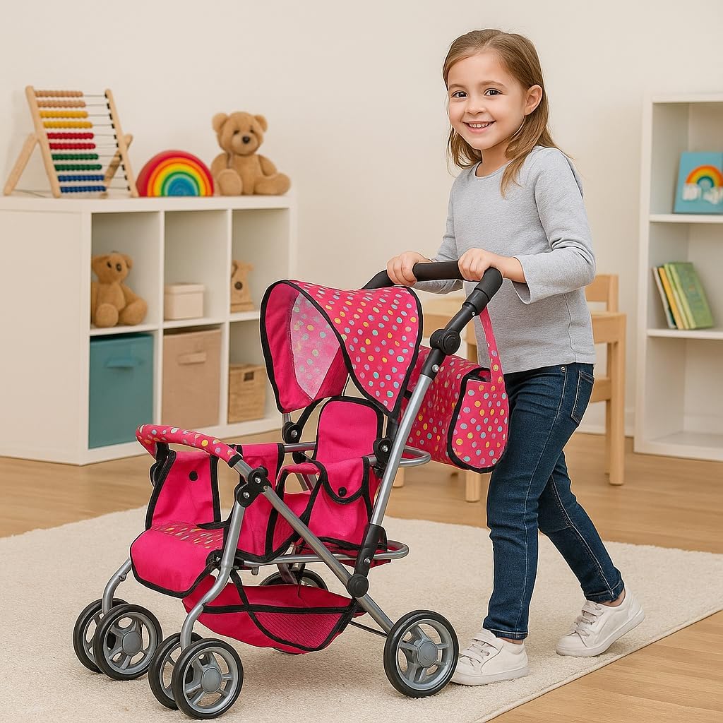 Exquisite Buggy, Twin Doll Stroller with Diaper Bag and Swivel Wheels & Adjustable Handle - Pink & Polka Dot Design