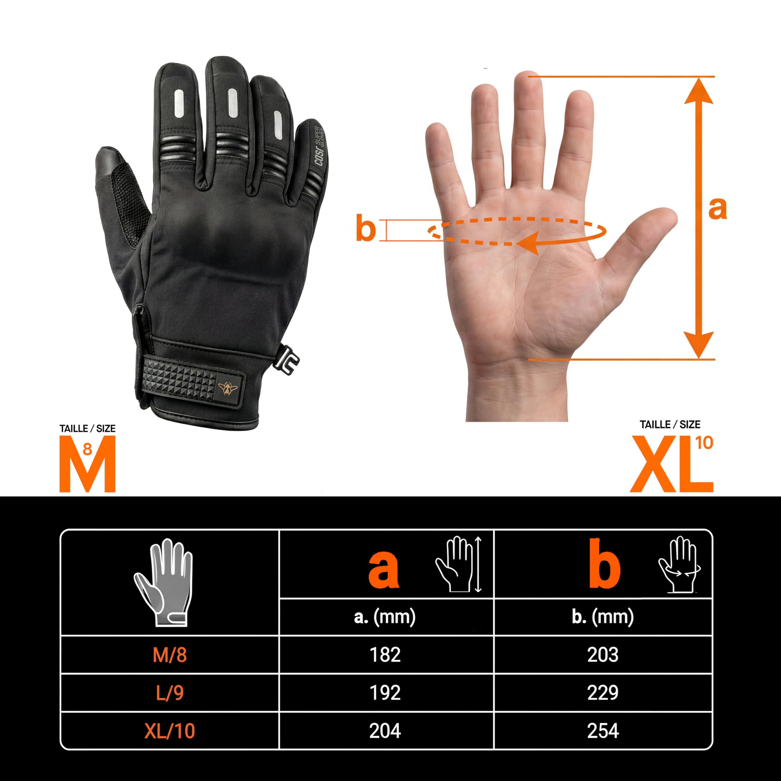 Casr Super Gloves – Gant Moto Homologué Homme Femme, Gant Mi-Saison, Accessoire Moto Étanche Et Coupe-Vent, Tactiles Avec Protection Renforcée Pour Cross, Scooter - Noir