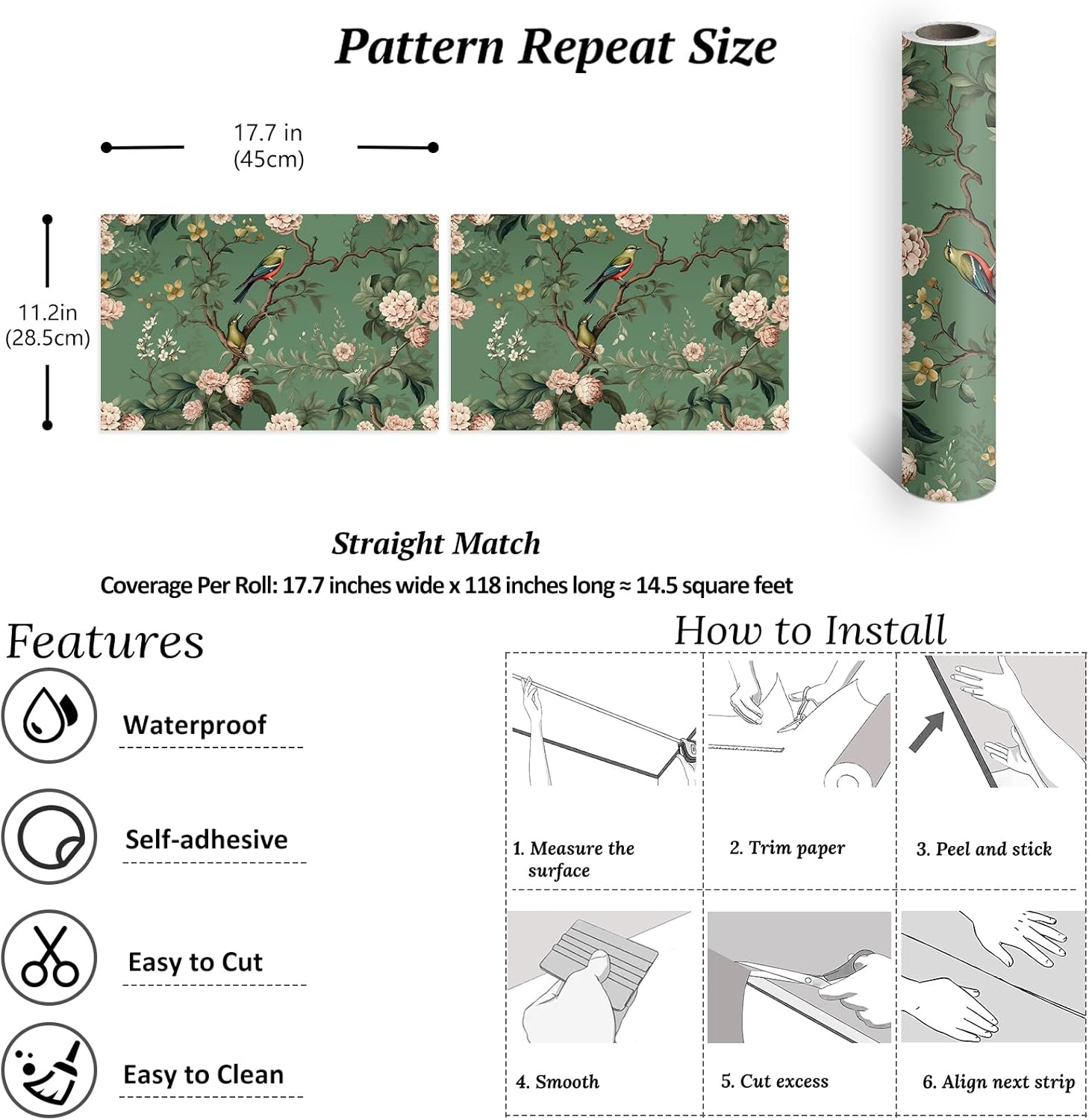 VEELIKE Vintage Green Bird Wallpaper Peel and Stick Chinoiserie Floral Wallpaper Removable Prepasted 17.7''x118'' Green Floral Wall Mural Self Adhesive Renter Friendly Wall Deco for Bedroom Bathroom