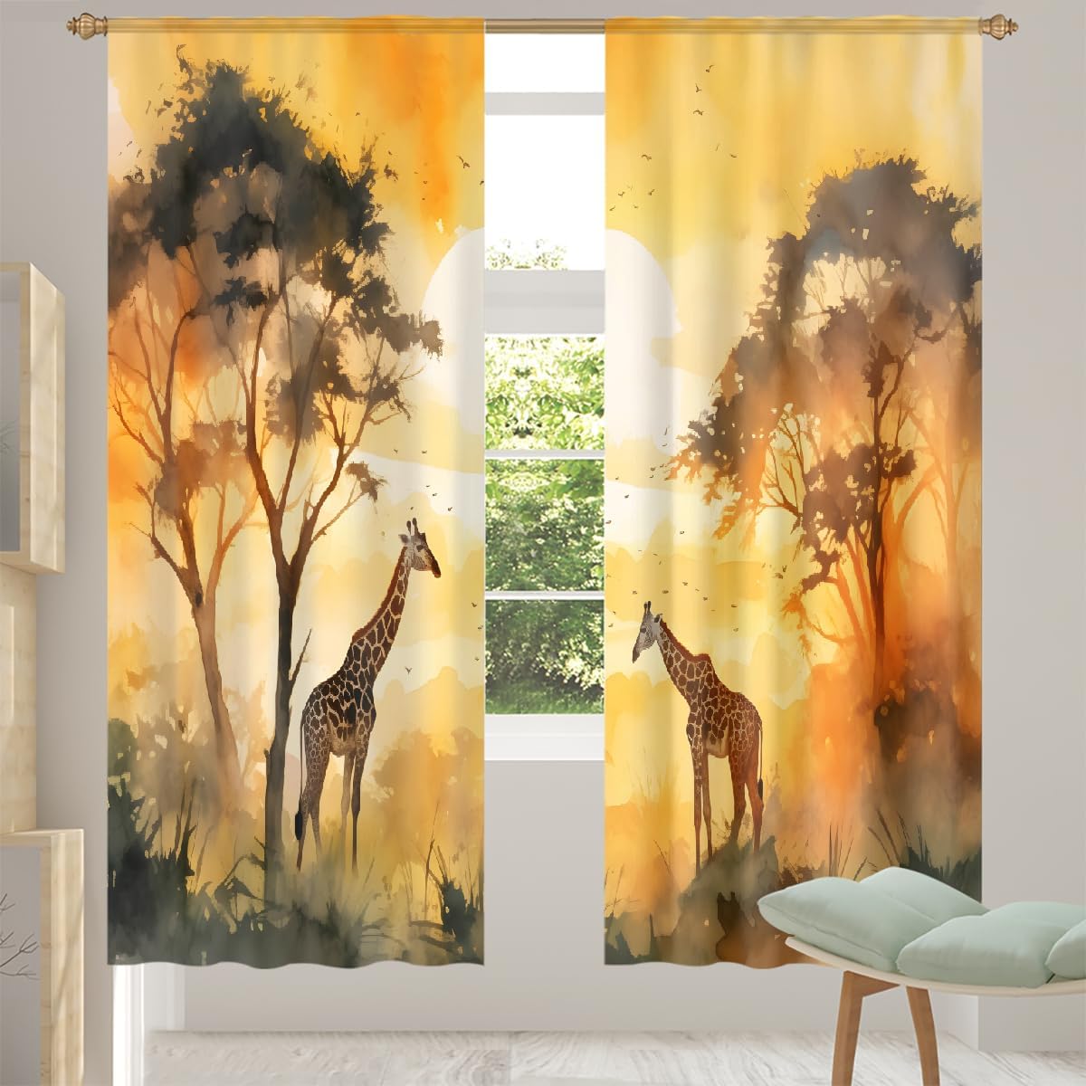 Sheer Curtains 84 Inch Length 2 Panels Set, Window Drapes with Rod Pocket African Grassland Giraffe Curtains for Living Room Bedroom