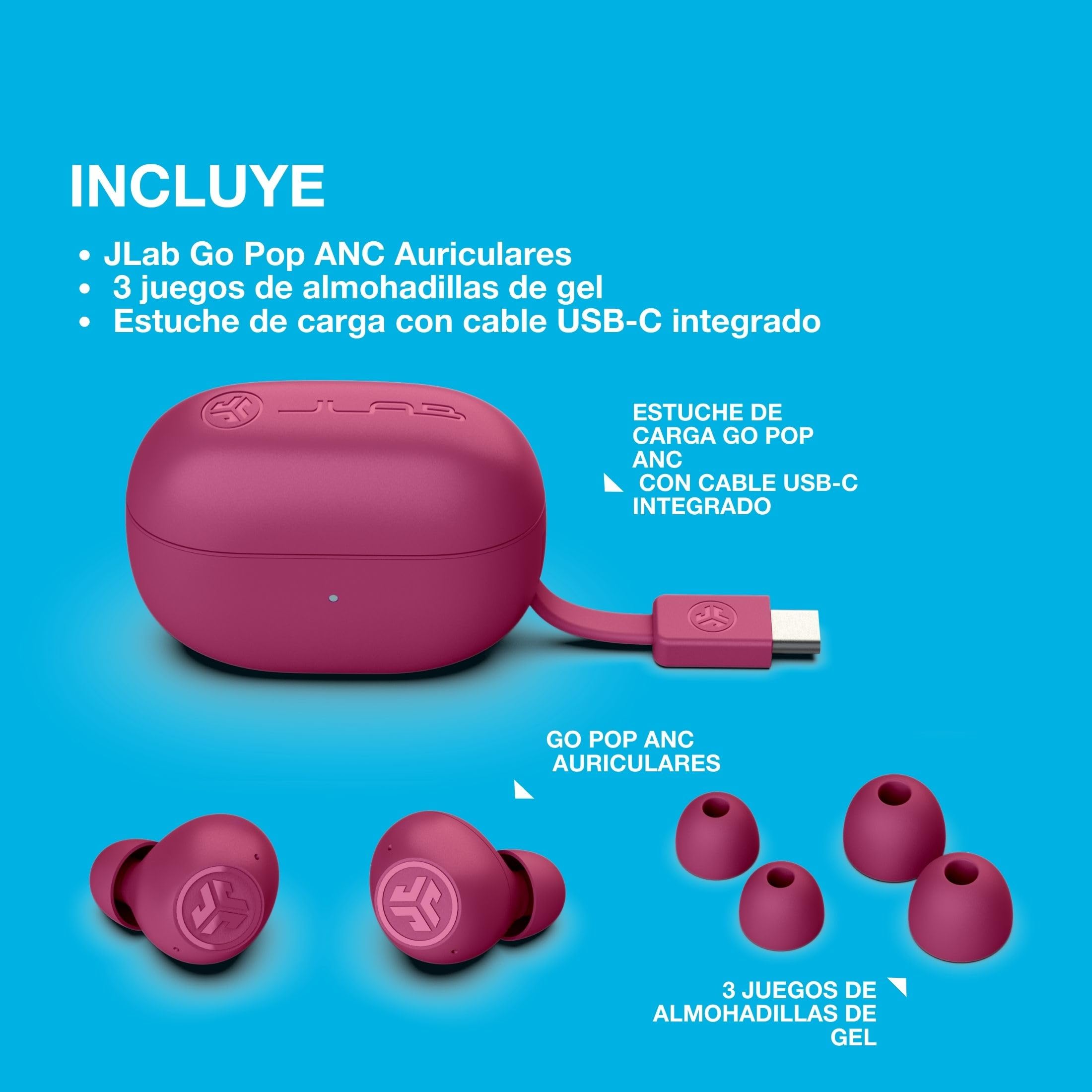JLab Go Pop ANC Auriculares Bluetooth ANC, 24+ h de autonomía, IP55 Resistentes al Sudor, micrófono, Llamadas claras y conexión multipunto, Fucsia