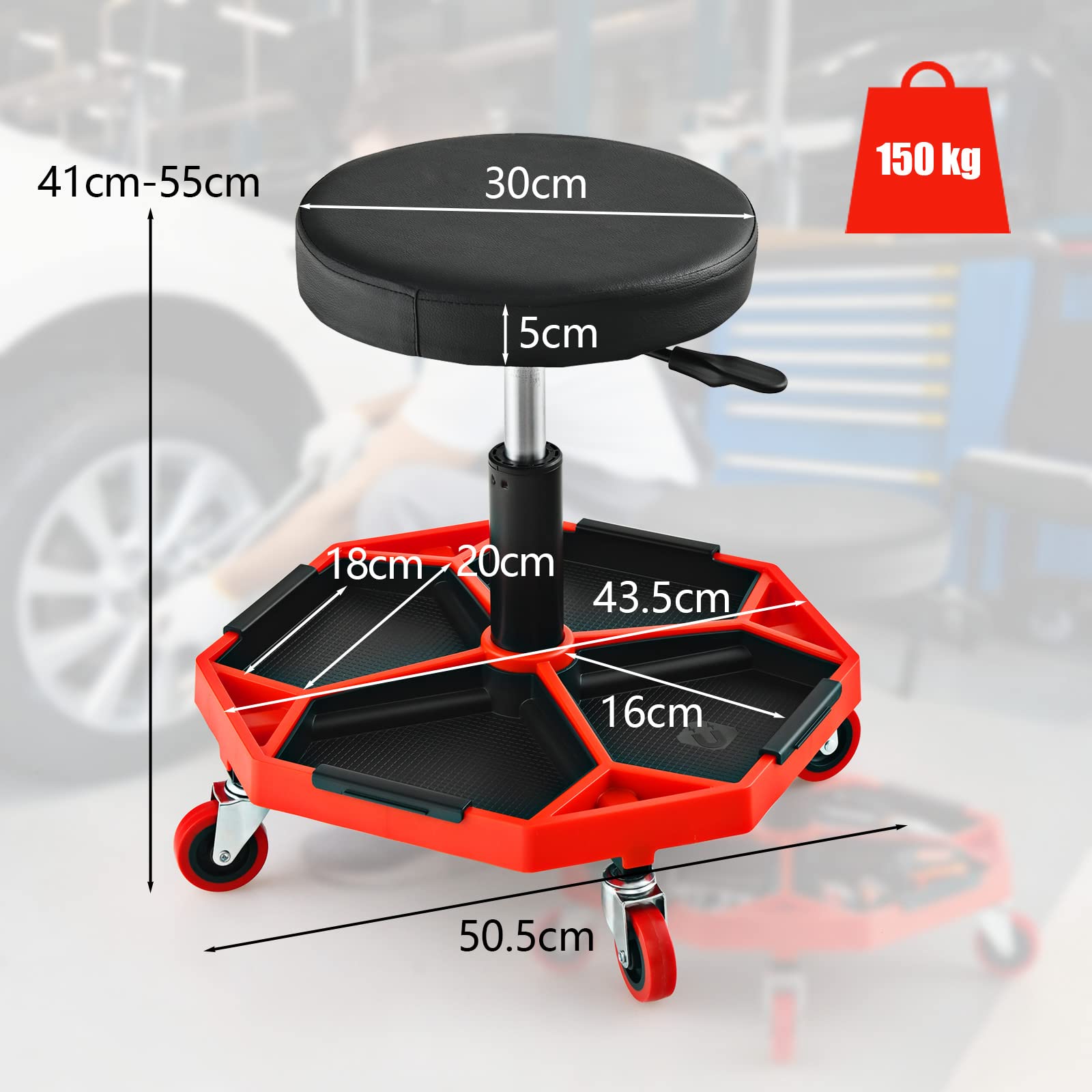 GYMAX Tabouret d'Atelier à roulettes, Charge Max 150KG, Tabouret à roulettes Réglable avec Rangement d'Outils, Siège Pivotant de Mécanicien pour Garage/Atelier, Noir et Rouge