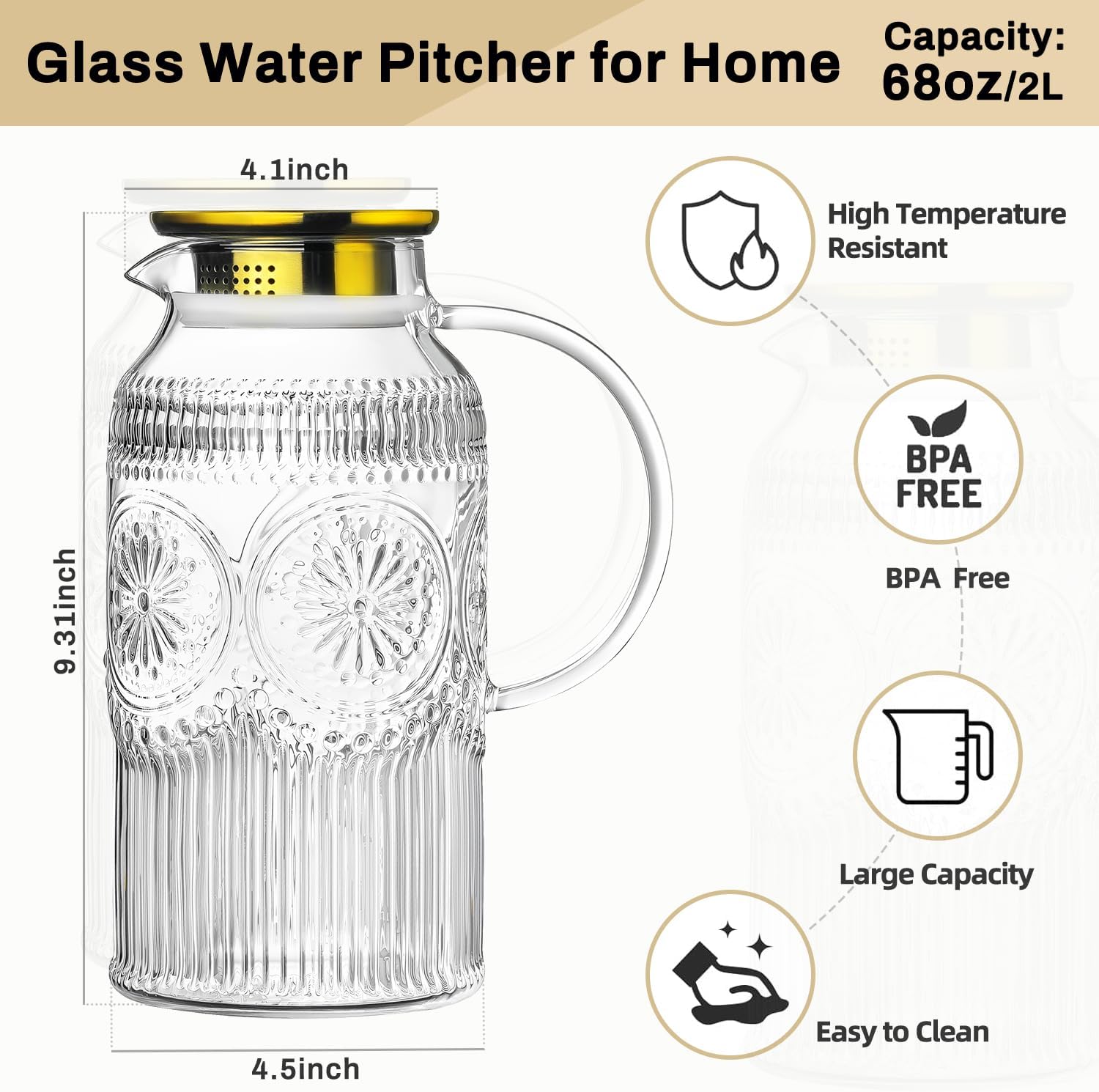 Glass Pitcher with Lid and Handle, 2 PACK 68 oz/2 Liter Vintage Embossed Sun Flower Water Pitcher, Clear Borosilicate Glass Water Carafe for Cold Brew, Iced Sun Tea,Beverage, Heat Resistant - Image 2