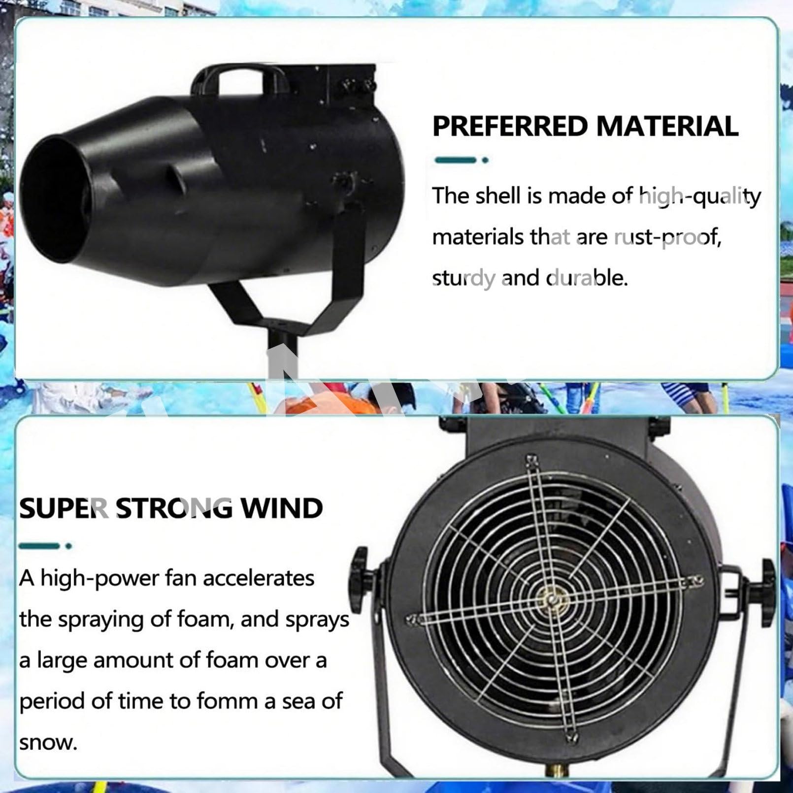 Pistolet pianowy o dużej mocy 1000 W, wydajność produkcji piany 20 m³/min, zasięg 6-10 m, pistolet do baniek mydlanych na letnie imprezy przy basenie, imprezy dla dzieci, efekty sceniczne