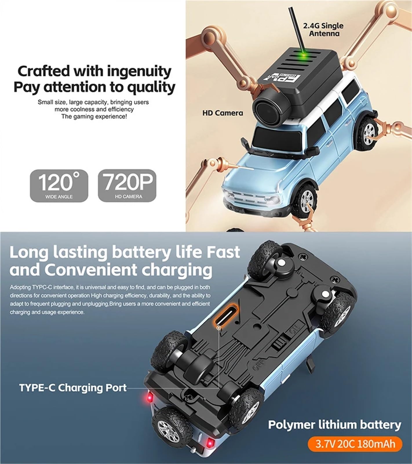 6405/6406-C 1:64 skala Mini FPV RC samochód z kamerą HD 720P, pilot zdalnego sterowania 2,4 GHz, transmisja wideo w czasie rzeczywistym, aplikacja/pilot zdalnego sterowania do wyścigów halowych