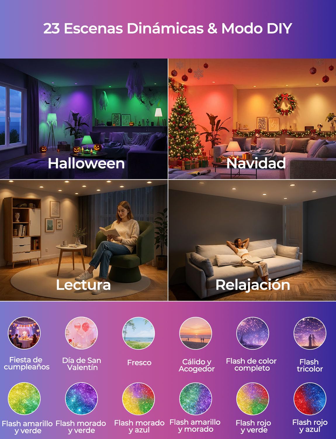 HEKEE Foco Empotrable LED Para Techo RGB, Ф68-85mm Colores Foco Empotrable LED, Cambio De Color CCT+ RGBW Aplicación Controlada Downlight (6 Unidades)
