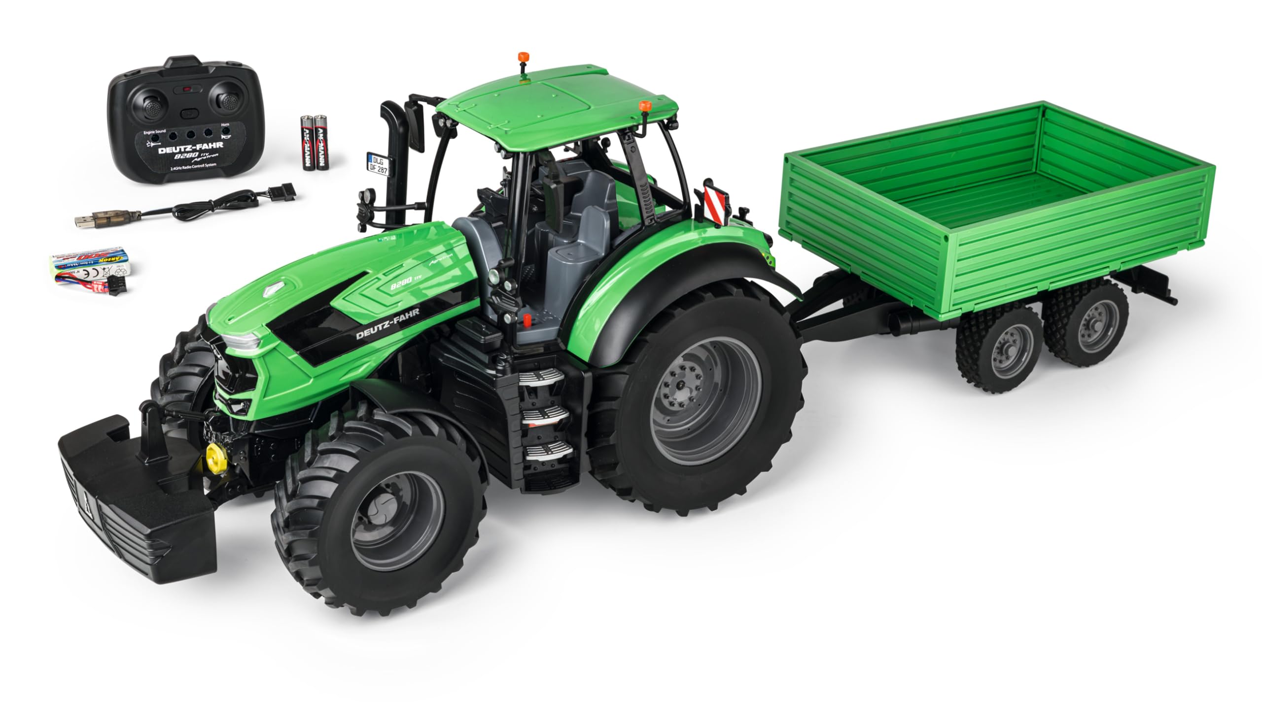 Carson 1:​16 Tracteur Deutz 8280 TTV avec remorque 100% RTR - Véhicule télécommandé, Engin de Chantier avec Fonctions lumière et Son, Piles et télécommande incluses, Vert, RC, Remote Controled Car