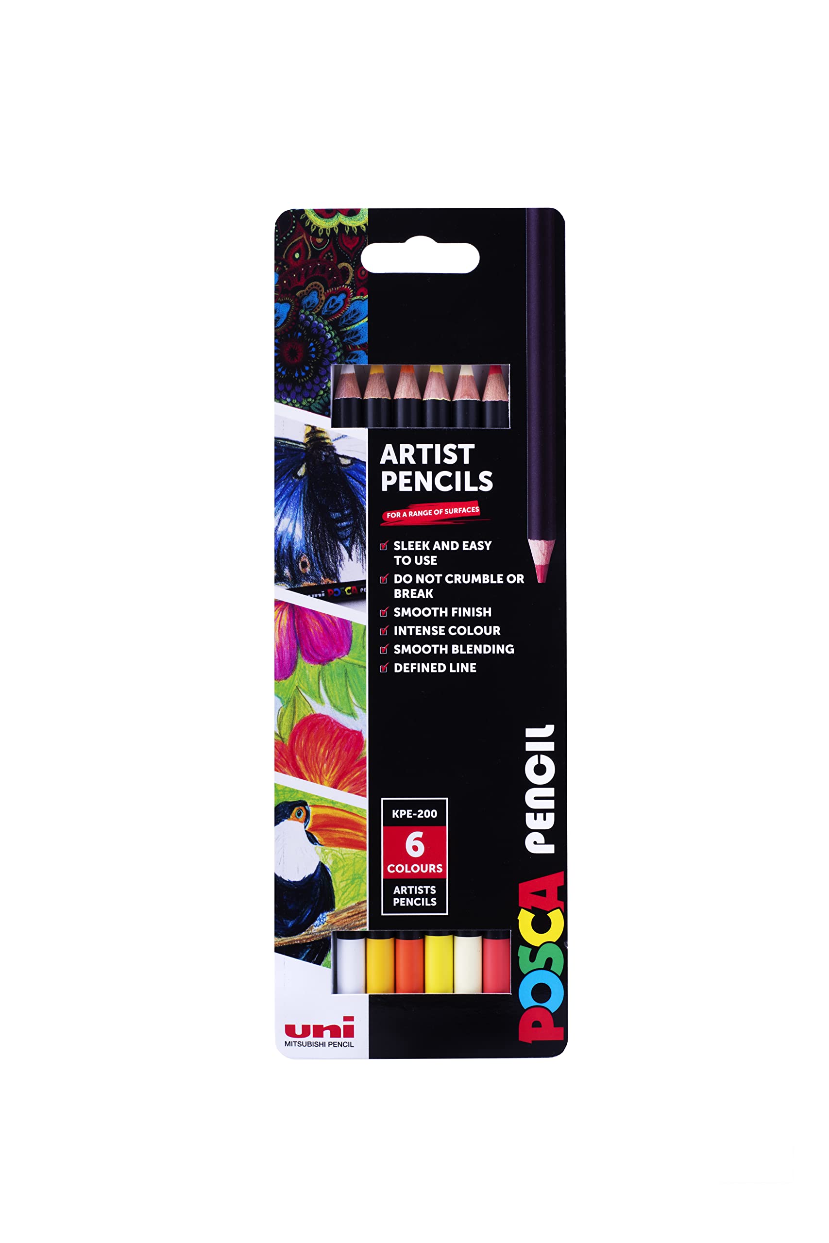 POSCAKPE-200 Oil and Wax Colouring Pencils. Premium Tough Nib for Arts and Crafts. Multi Surface Use On Wood, Fabric, Paper, Cardboard, & Canvas. Perfect for Creative Drawing. Set of 6 Sunny Colours