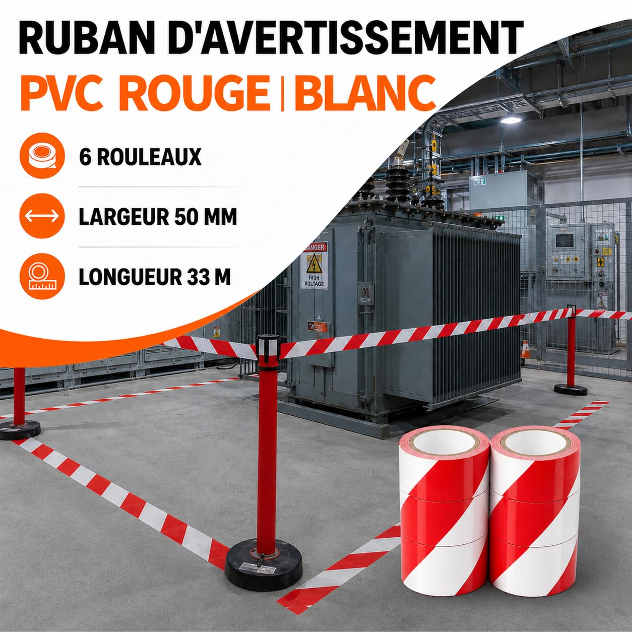 Ruban Signalisation Rouge Blanc PVC 50 mm x 33 m, Lot de 18 | Ruban rouge blanc pour signalisation d'interdiction et zones fermées. Parfait pour travaux et accès restreints