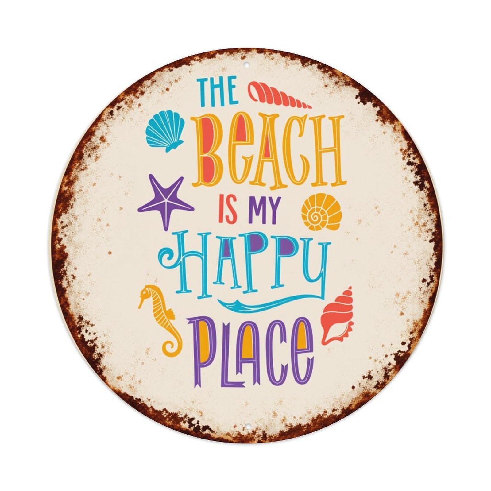 The Beach Is My Happy Place Round Vintage Tin Sign,Retro Wall Art,Metal Poster for Home, Bar, Garage, Cafe, Rustic Indoor & Outdoor Decor, 8x8 Inches