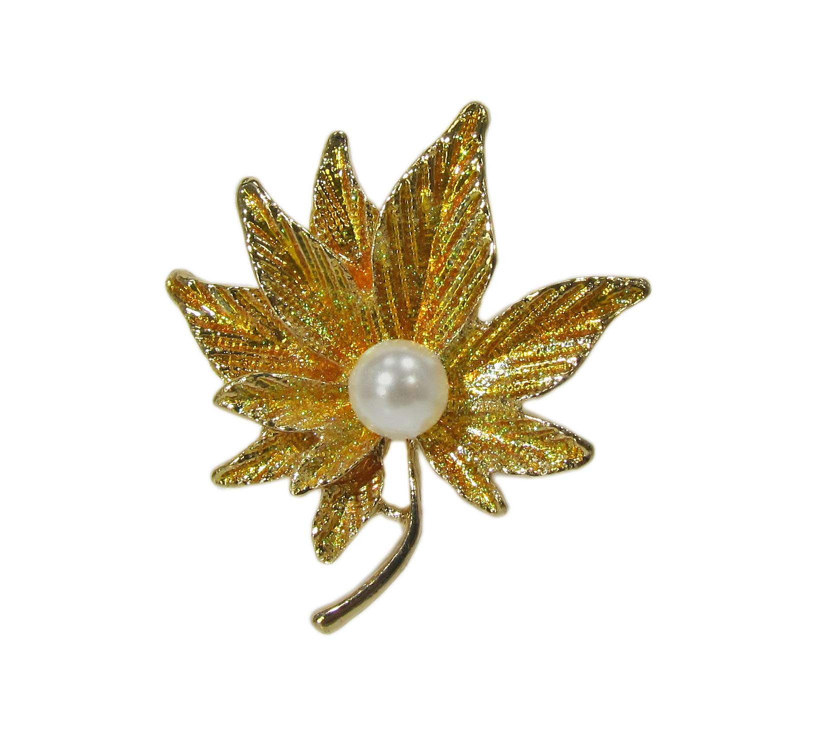 Golden Leaf pin Brooch with Textured Leaves and with a White Faux Pearl and Sparkle Finish