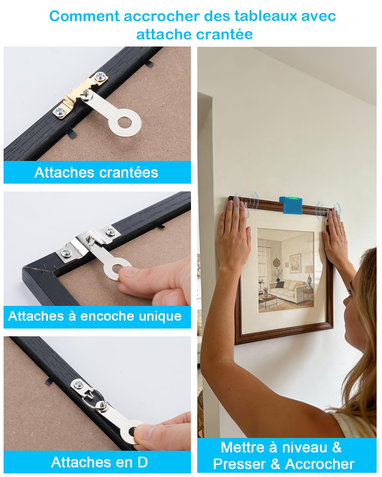 85 Pièces, Kit de Suspension pour Cadres avec Niveau à Bulle, Sans Mesure, Outil d’Accrochage Précis pour Cadres Photo, Compatible avec Différents Systèmes d’Accrochage, Crochet Tableau, Crochet Cadre