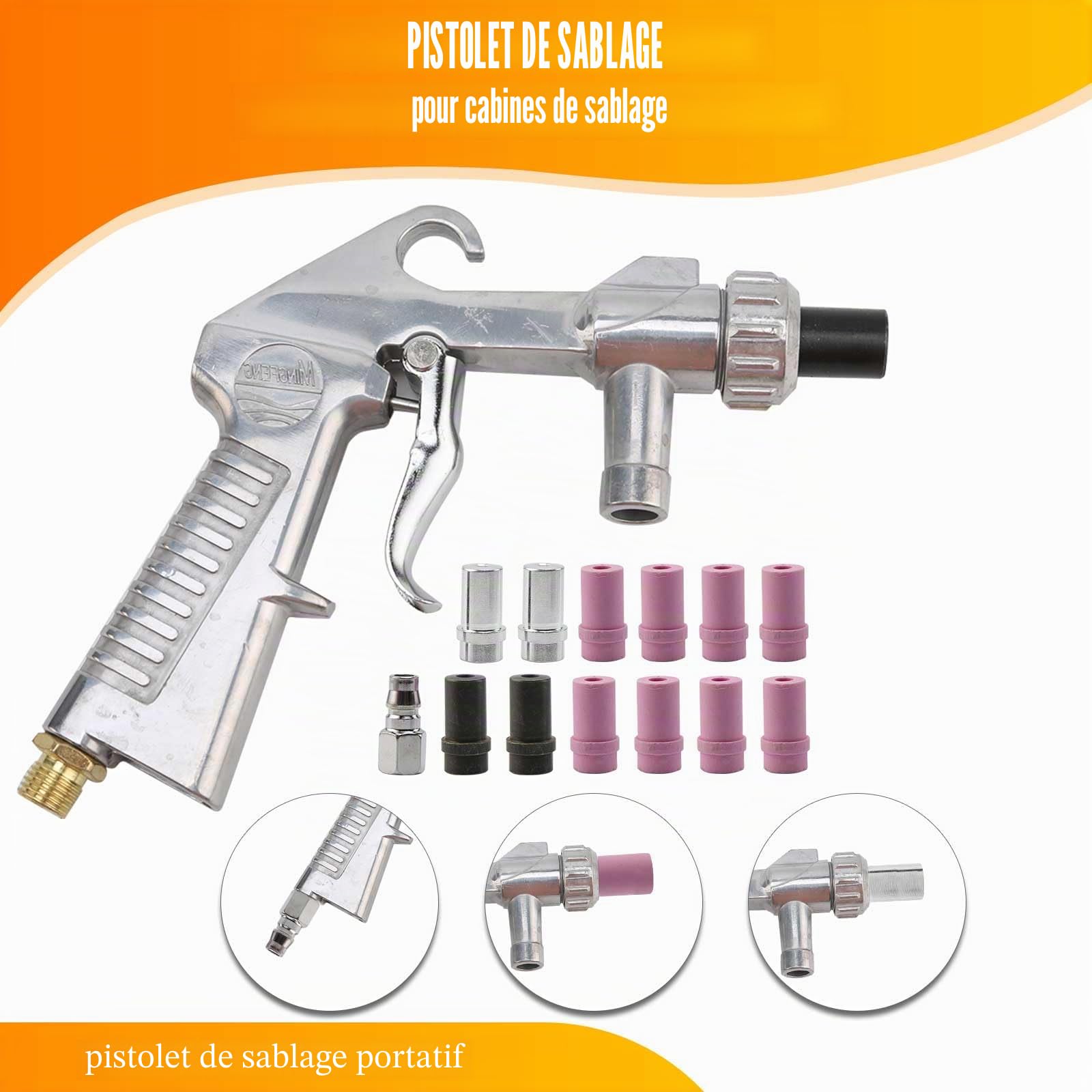 Kit de jet de sable à air comprimé, pistolet de sablage, compresseur d'air, pistolet de sablage pour cabine de sablage avec 8 buses en céramique, 4 buses métalliques et tuyau en caoutchouc de 1 m